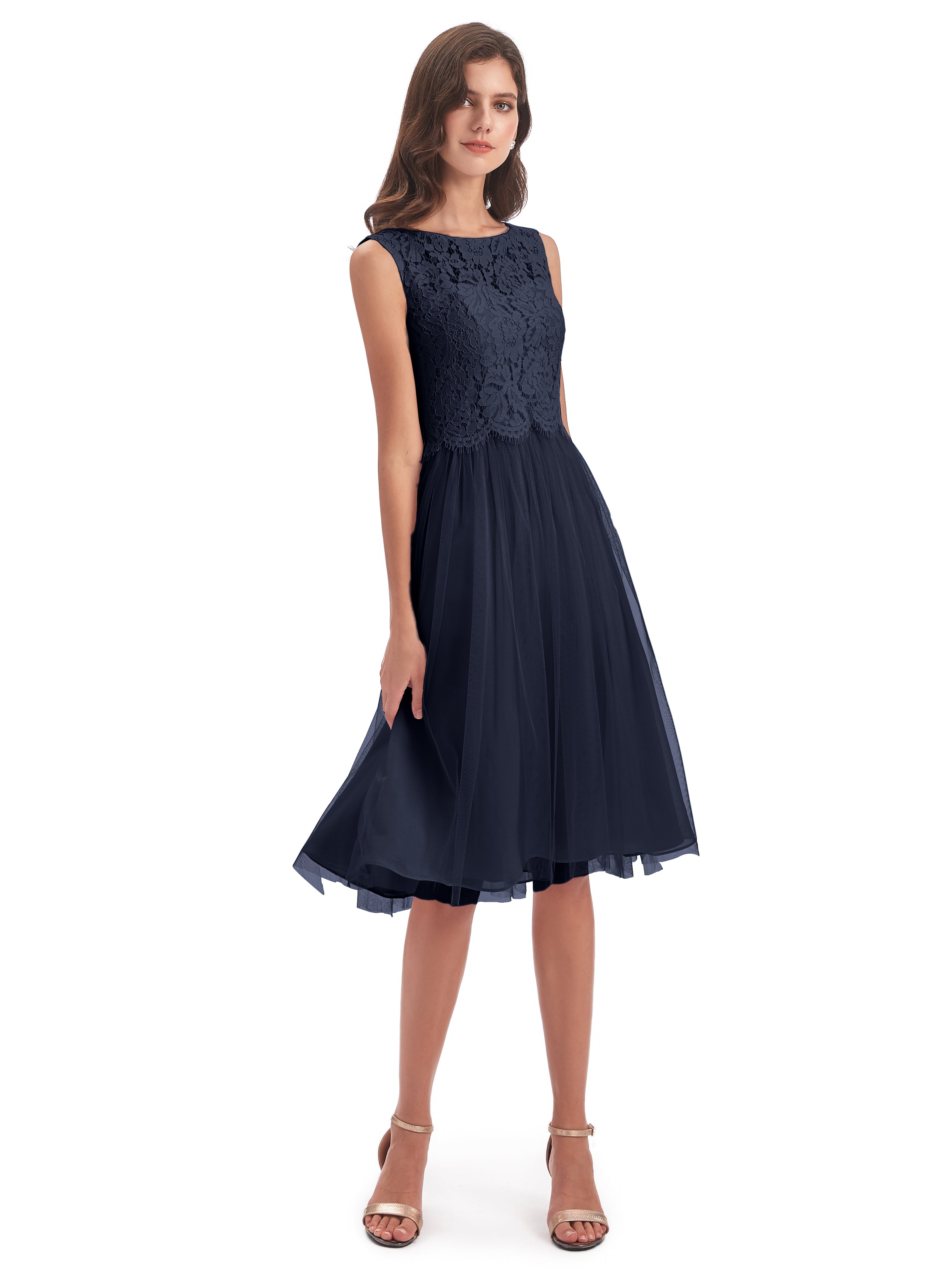 Robes De Demoiselle D'Honneur Bleu Marine Bateau Longueur Genou Tulle/Dentelle Robes Demoiselle D'Honneur
