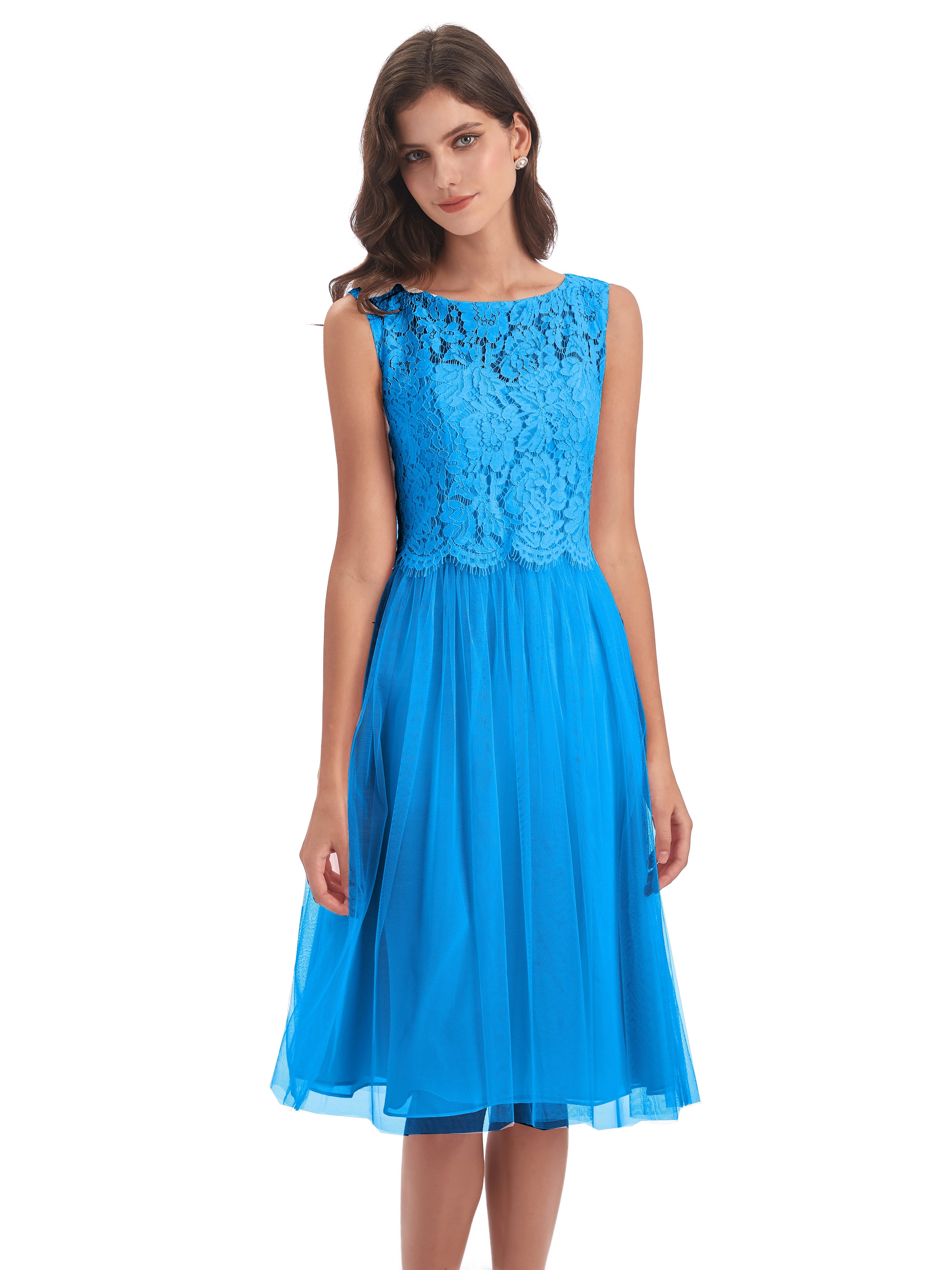 Robes De Demoiselle D'Honneur Bleu Océan Bateau Longueur Genou Tulle/Dentelle Robes Demoiselle D'Honneur