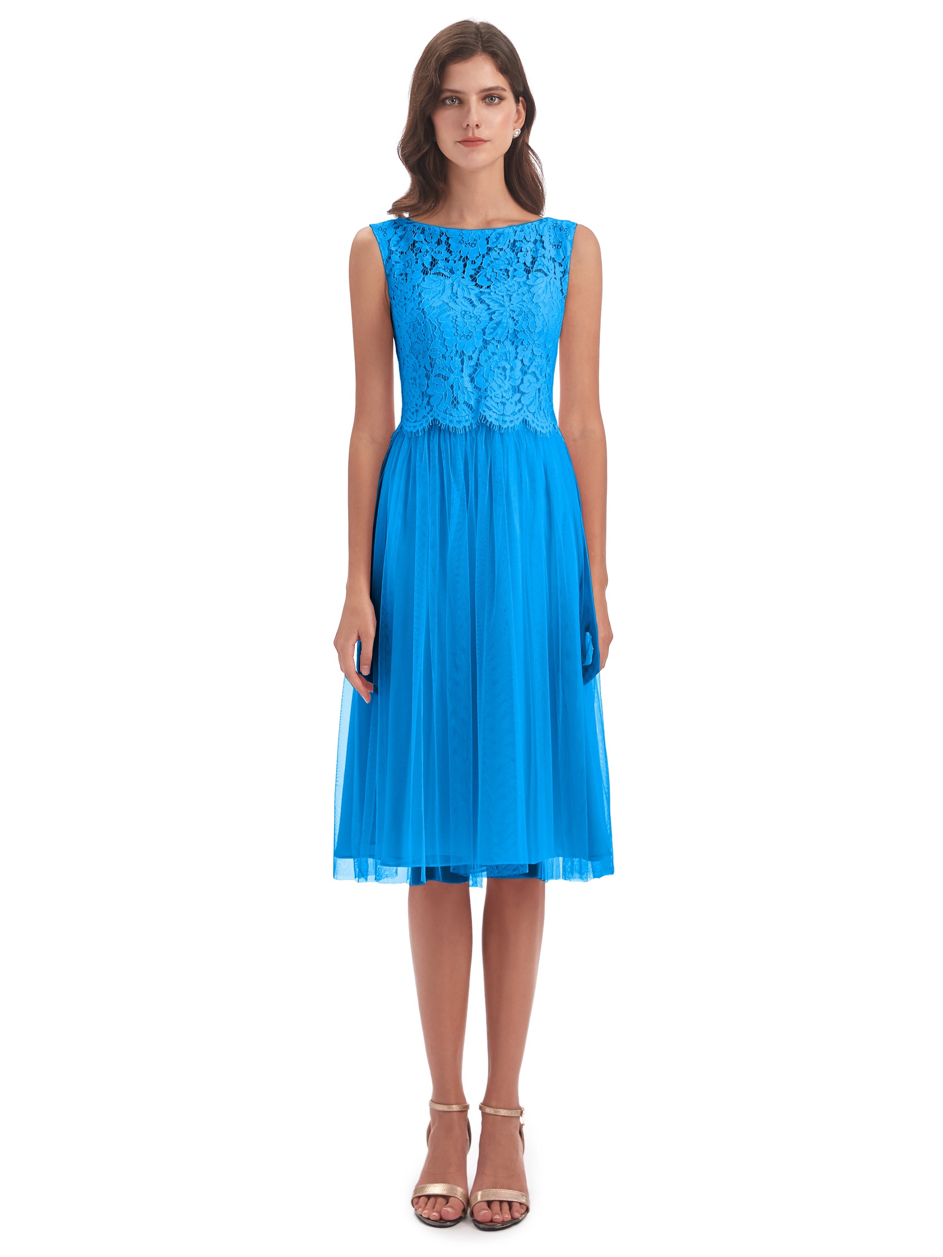 Robes De Demoiselle D'Honneur Bleu Océan Bateau Longueur Genou Tulle/Dentelle Robes Demoiselle D'Honneur