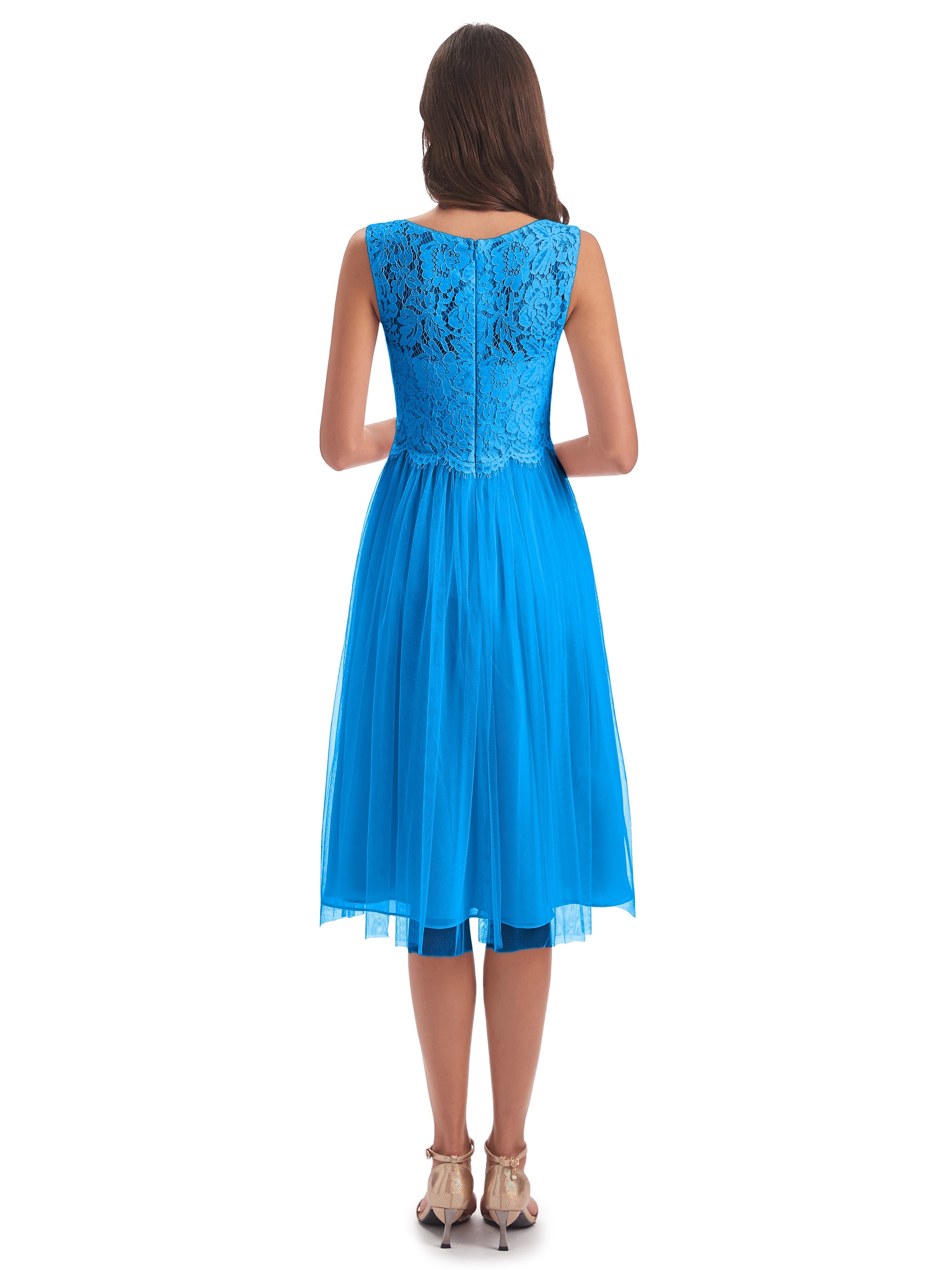 Robes De Demoiselle D'Honneur Bleu Océan Bateau Longueur Genou Tulle/Dentelle Robes Demoiselle D'Honneur