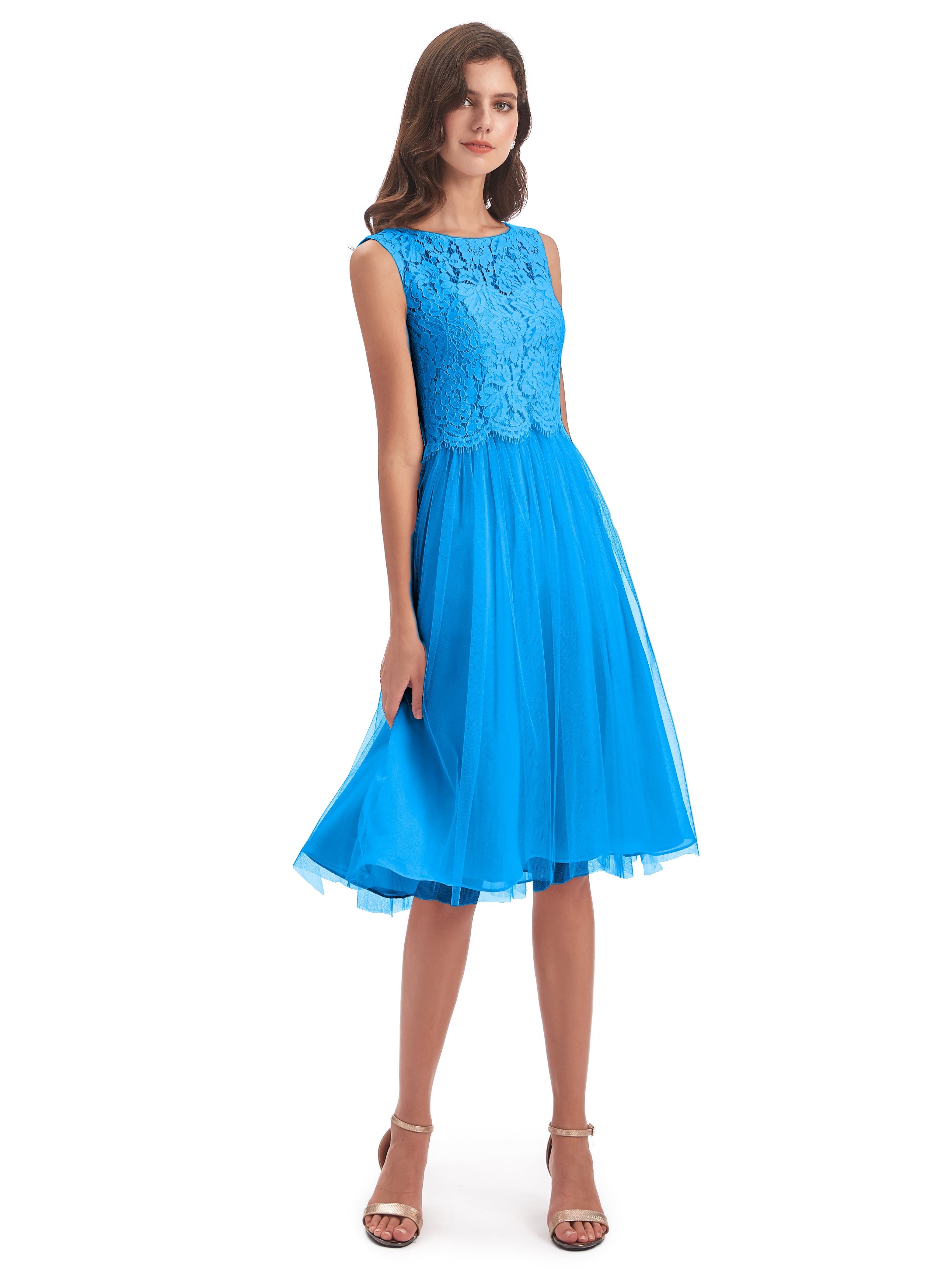 Robes De Demoiselle D'Honneur Bleu Océan Bateau Longueur Genou Tulle/Dentelle Robes Demoiselle D'Honneur