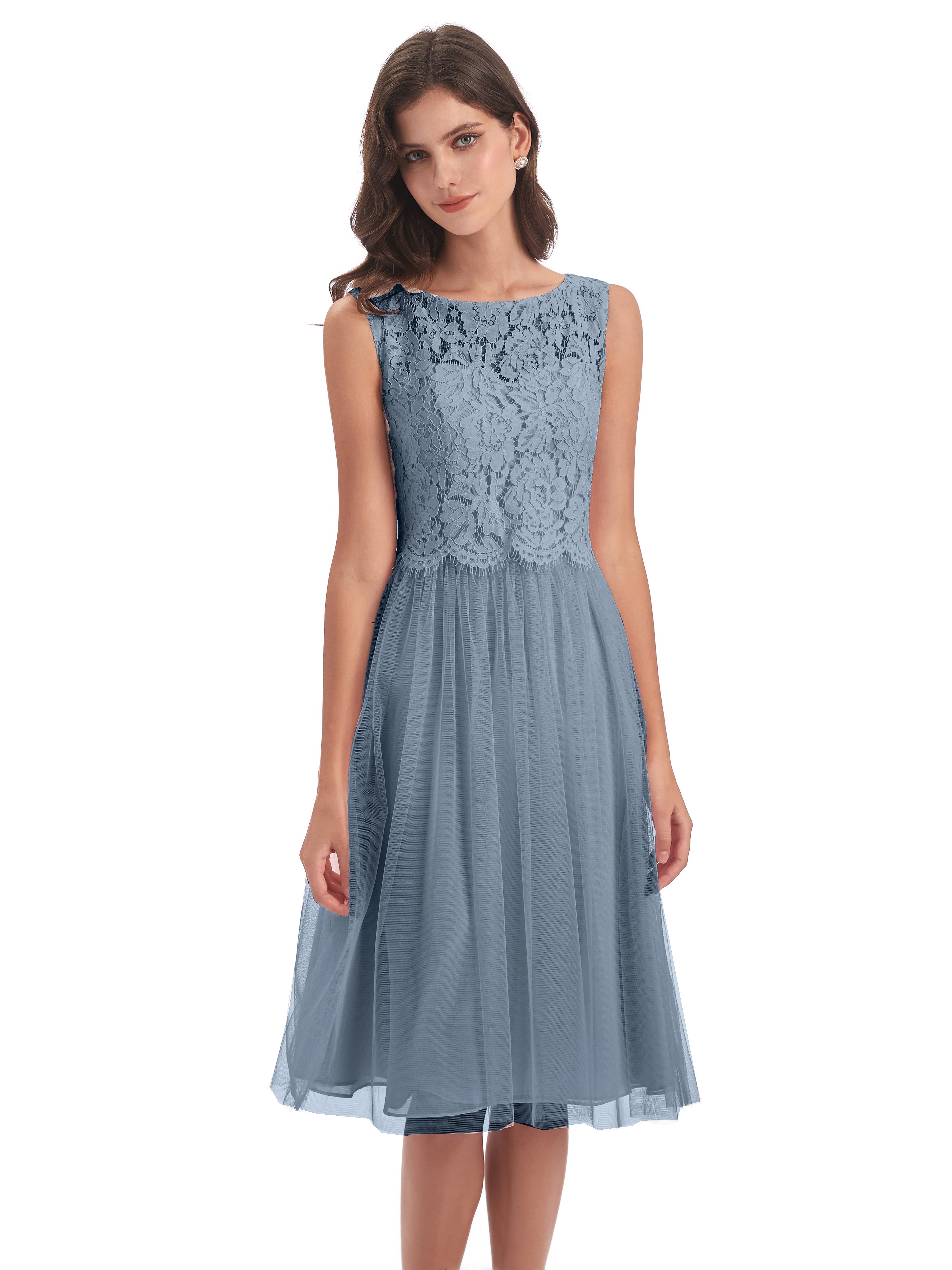 Robes De Demoiselle D'Honneur Bleu Gris Bateau Longueur Genou Tulle/Dentelle Robes Demoiselle D'Honneur