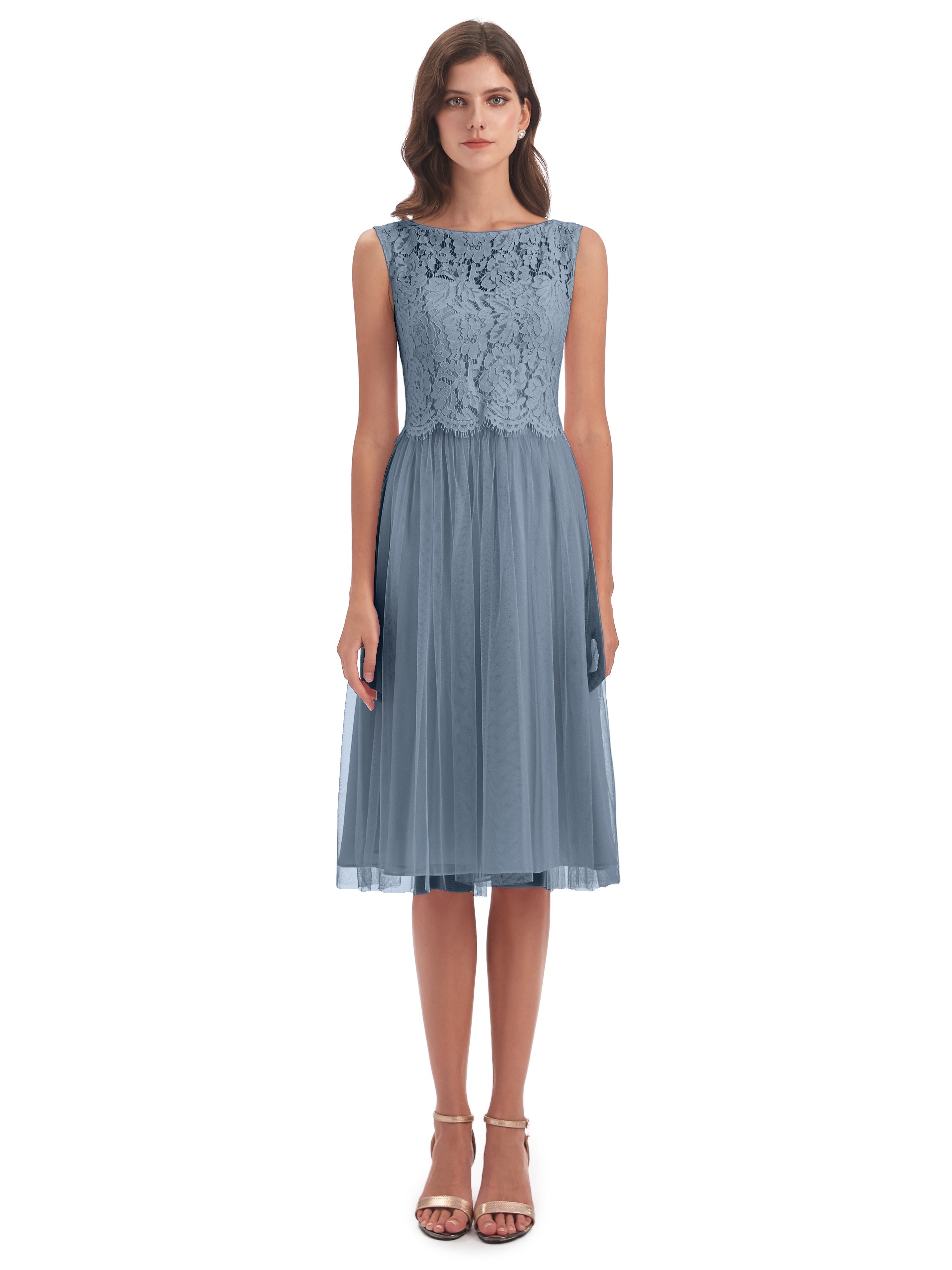 Robes De Demoiselle D'Honneur Bleu Gris Bateau Longueur Genou Tulle/Dentelle Robes Demoiselle D'Honneur