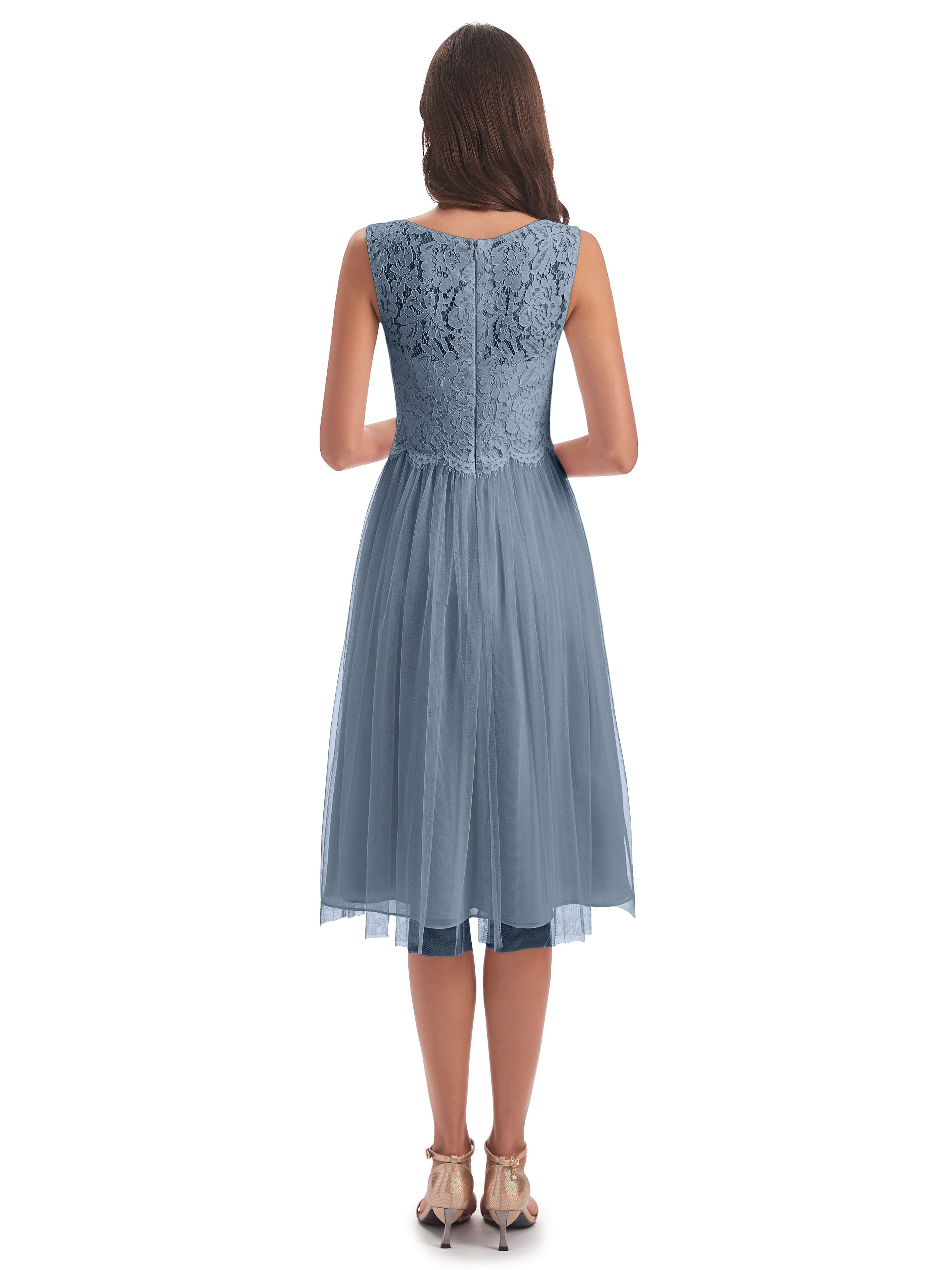 Robes De Demoiselle D'Honneur Bleu Gris Bateau Longueur Genou Tulle/Dentelle Robes Demoiselle D'Honneur