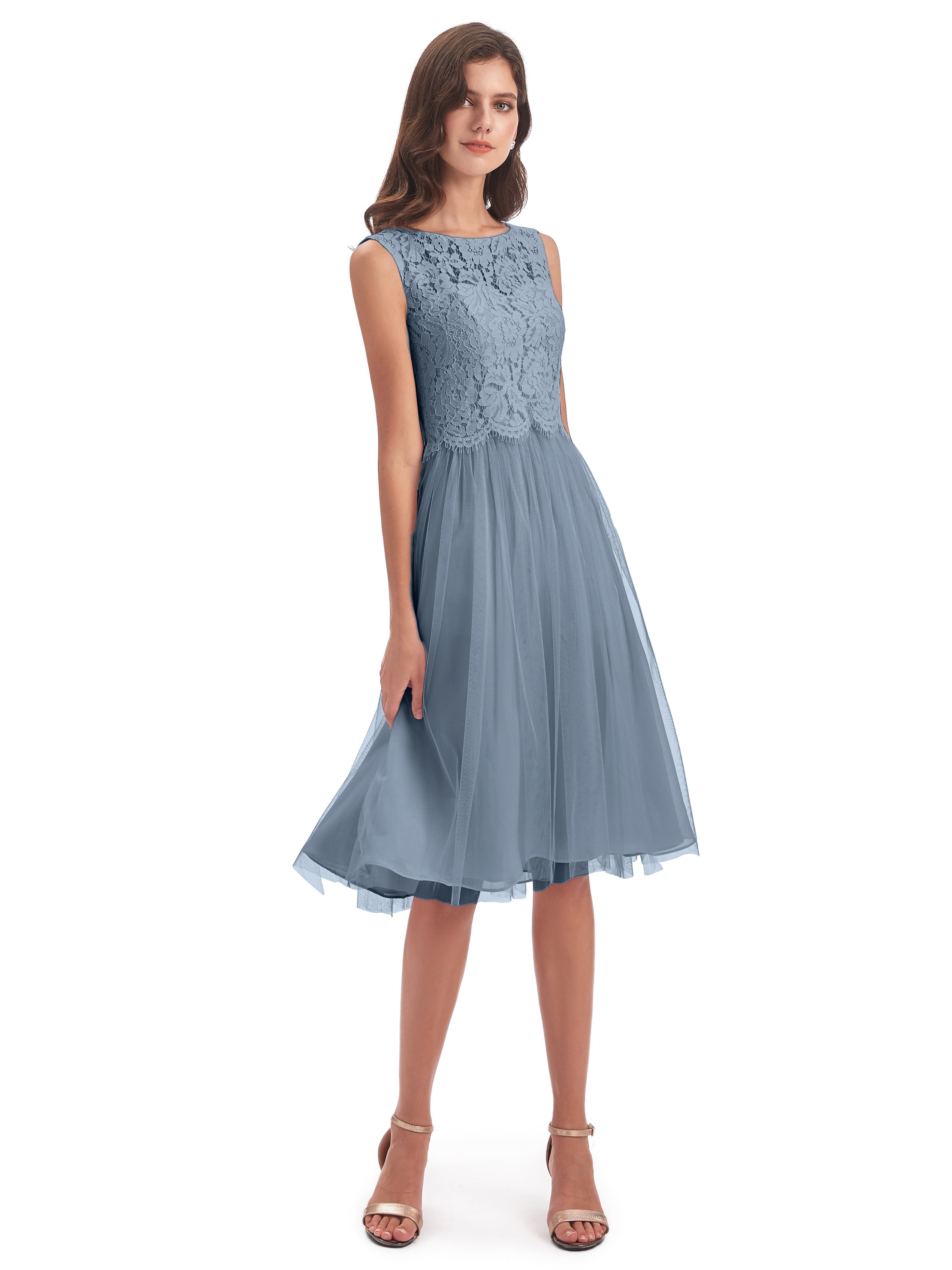 Robes De Demoiselle D'Honneur Bleu Gris Bateau Longueur Genou Tulle/Dentelle Robes Demoiselle D'Honneur