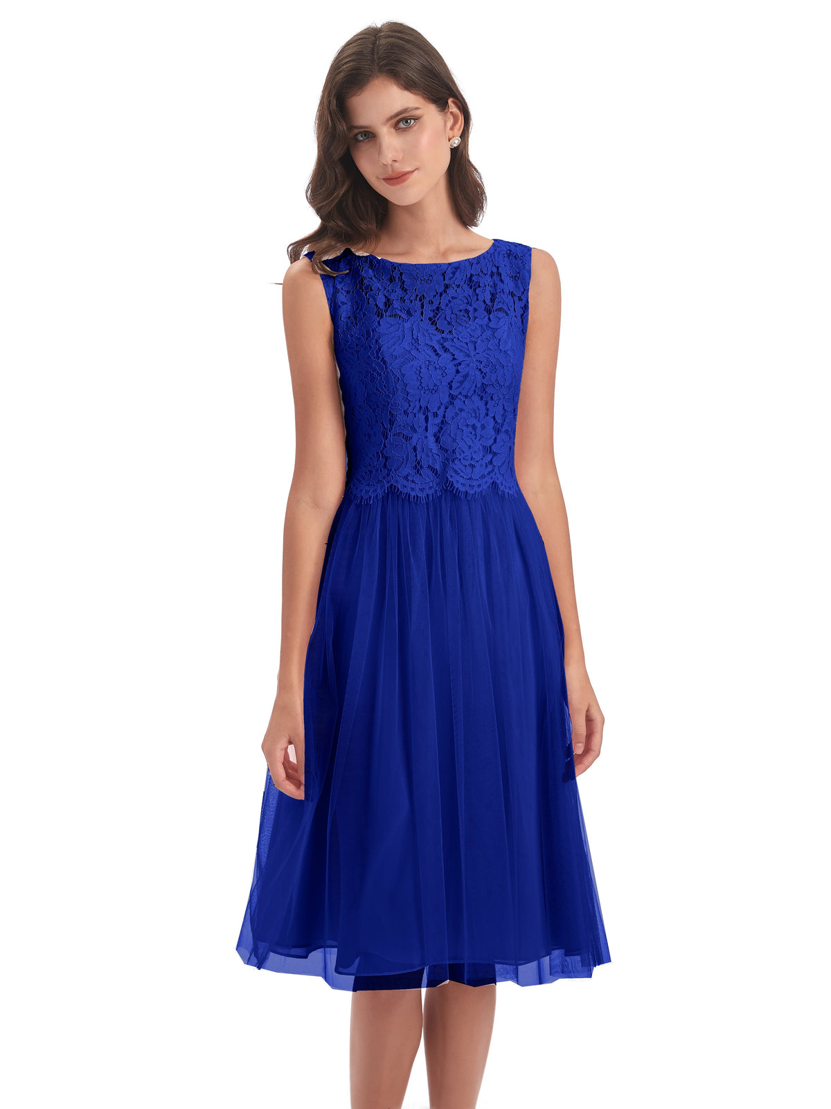 Demoiselle D'Honneur Bleu Royal Bateau Longueur Genou Tulle/Dentelle Robes Demoiselle D'Honneur