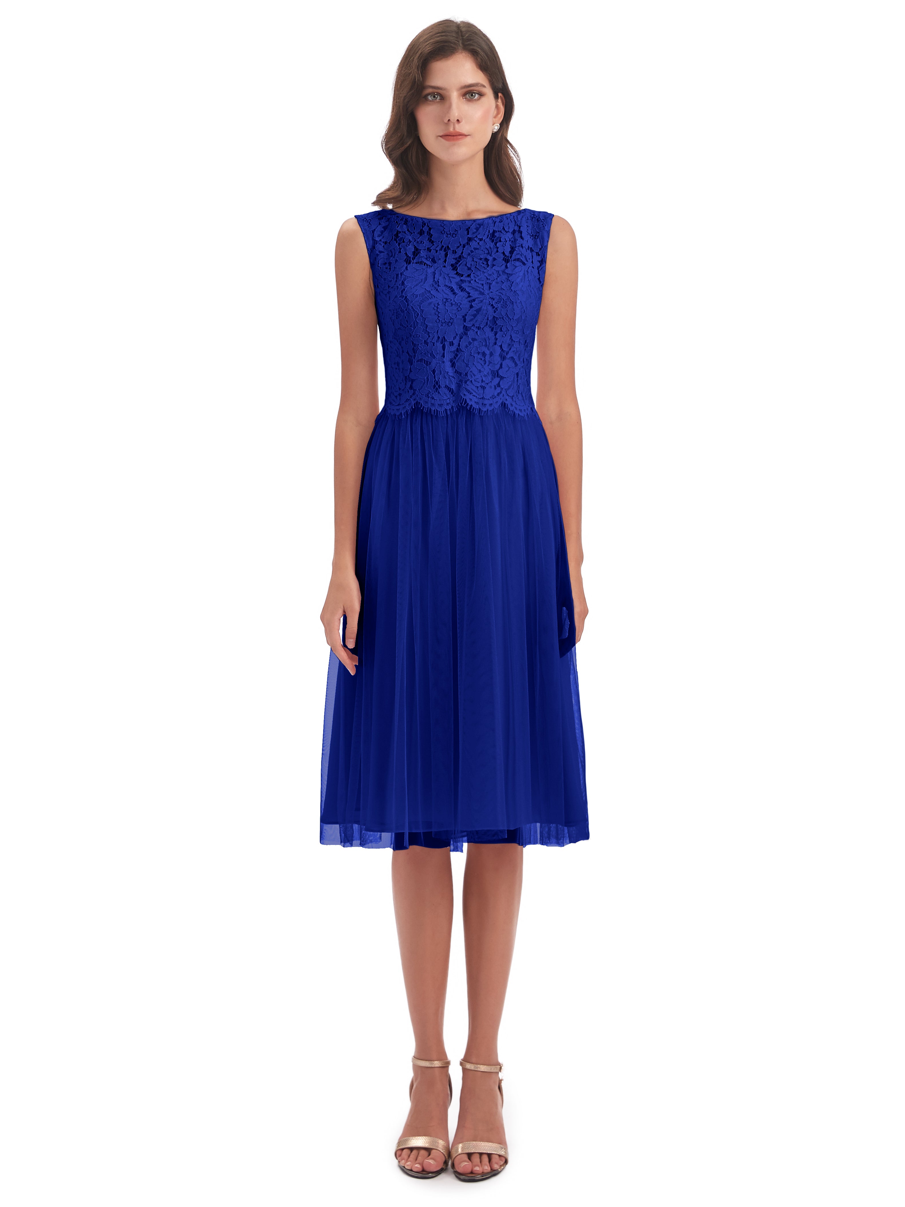 Demoiselle D'Honneur Bleu Royal Bateau Longueur Genou Tulle/Dentelle Robes Demoiselle D'Honneur