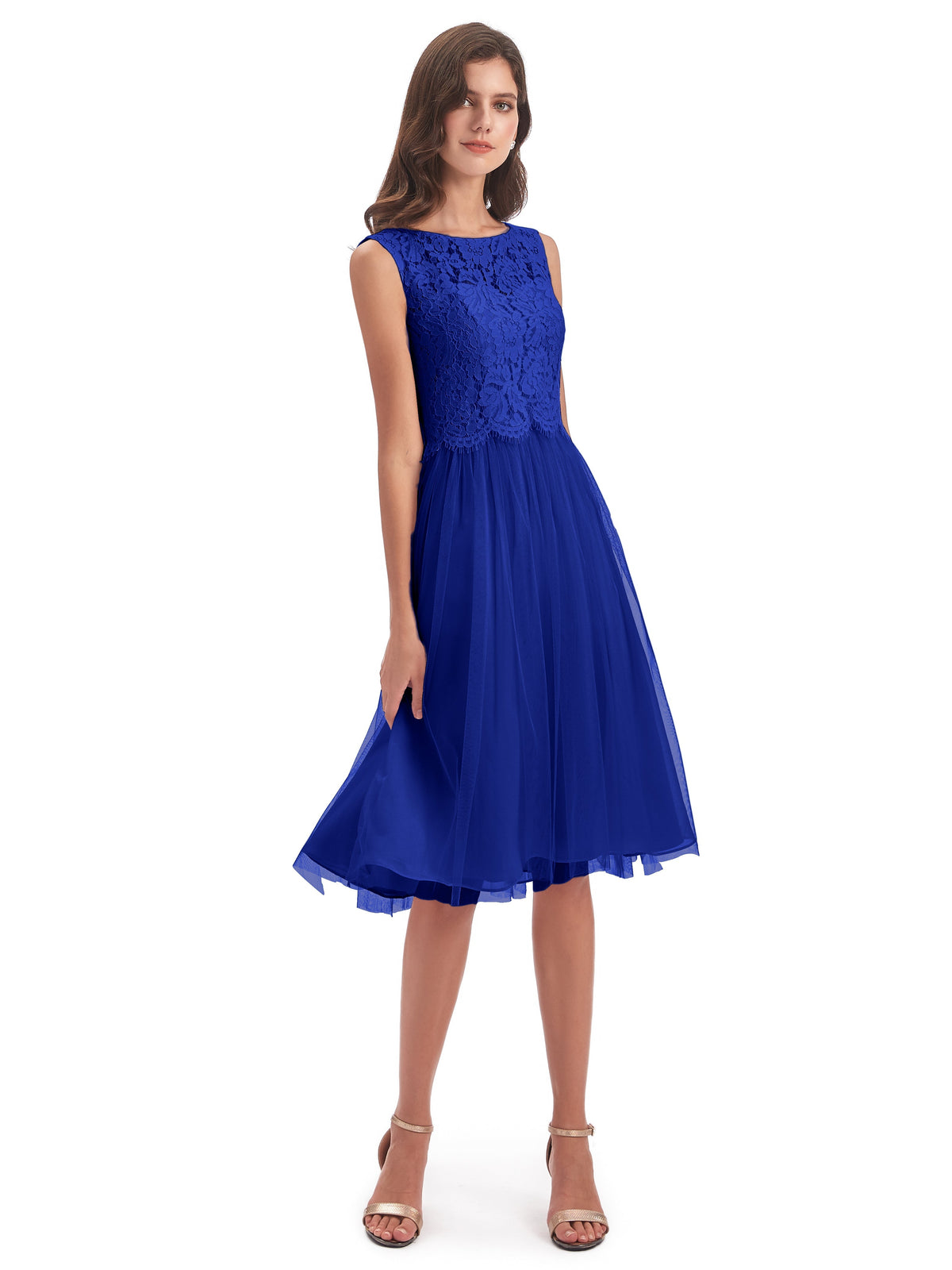 Demoiselle D'Honneur Bleu Royal Bateau Longueur Genou Tulle/Dentelle Robes Demoiselle D'Honneur