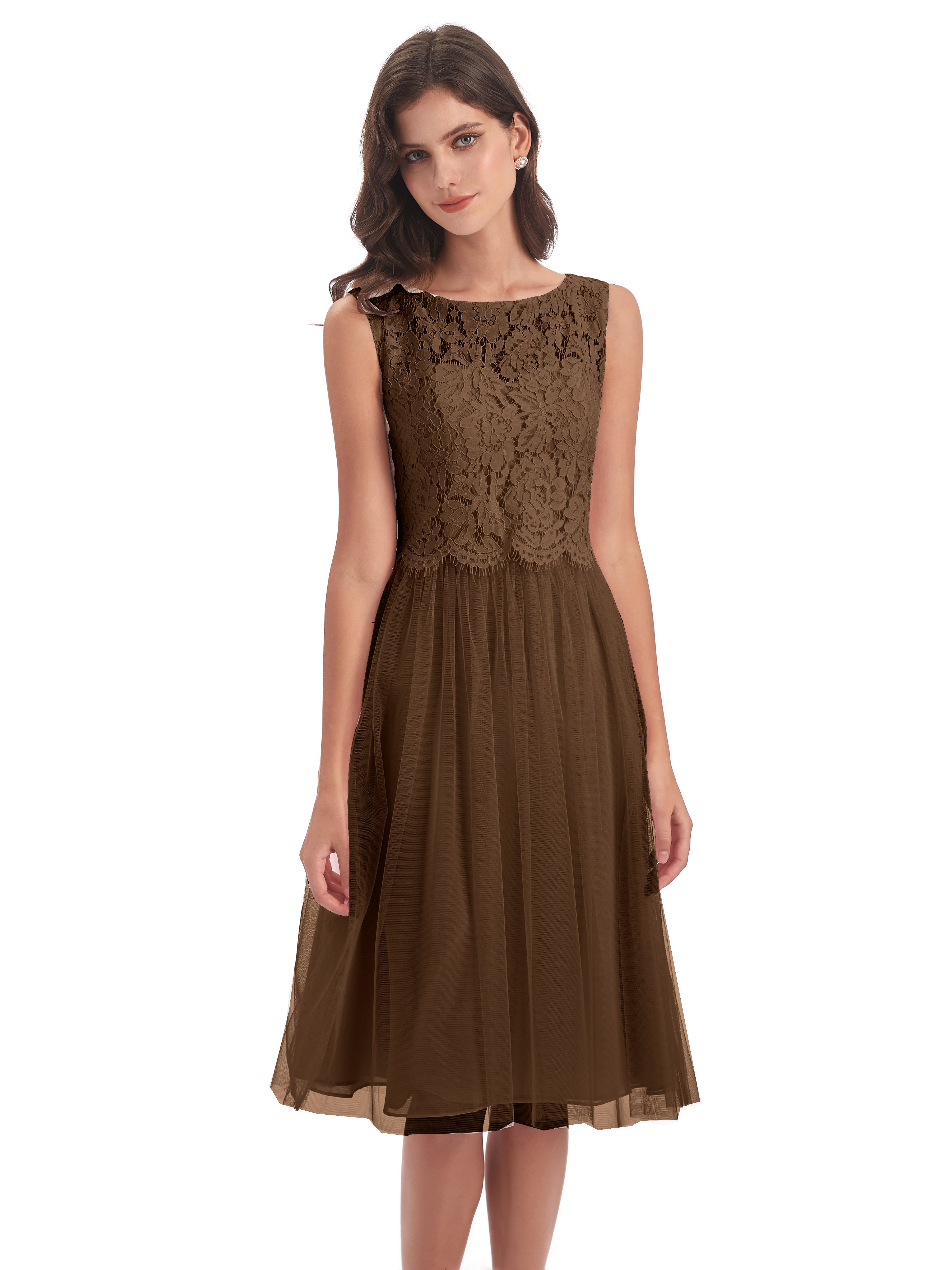 Robe Demoiselle D Honneur Brun Bateau Longueur Genou Tulle/Dentelle Robes Demoiselle D'Honneur