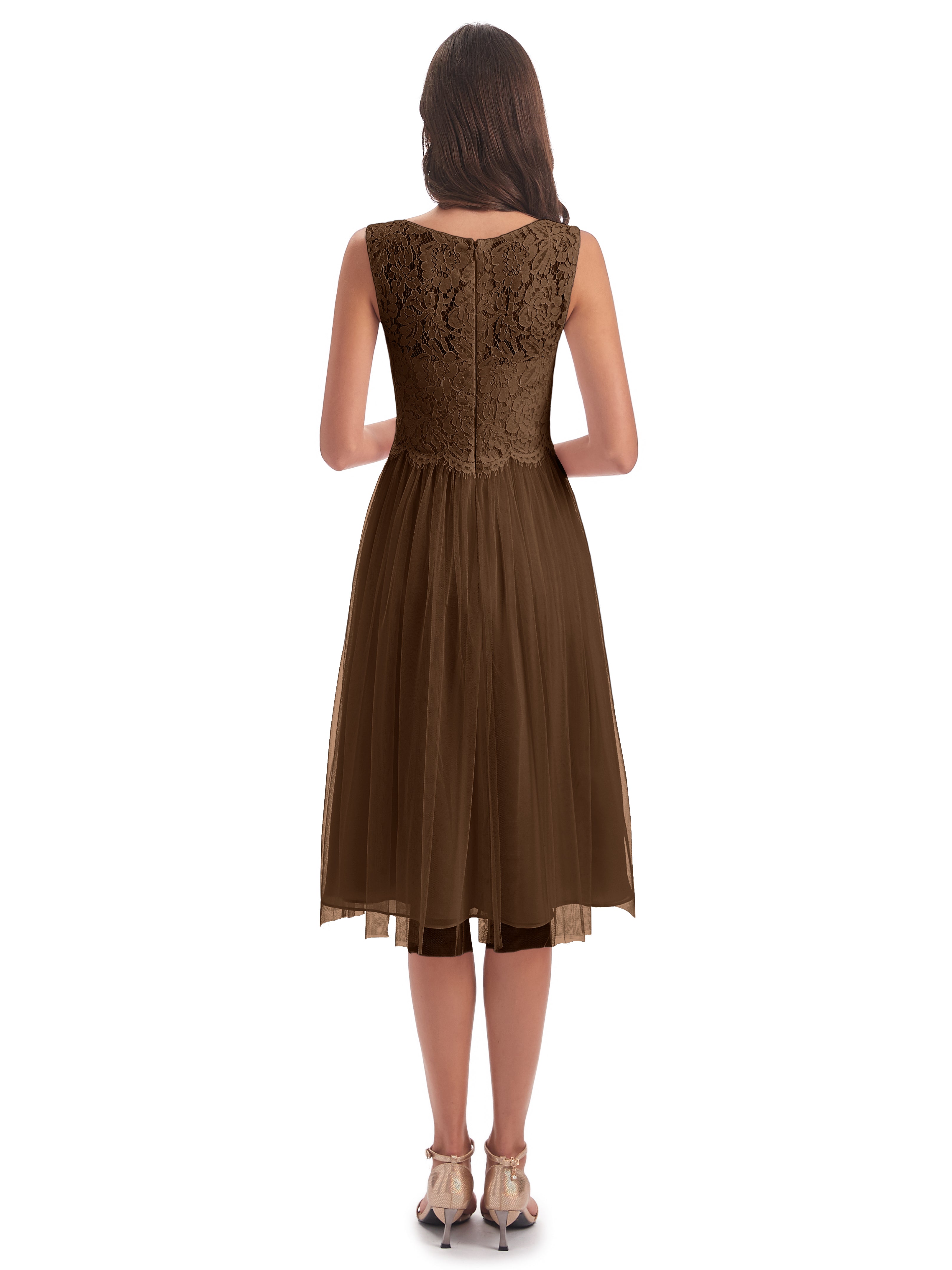 Robe Demoiselle D Honneur Brun Bateau Longueur Genou Tulle/Dentelle Robes Demoiselle D'Honneur
