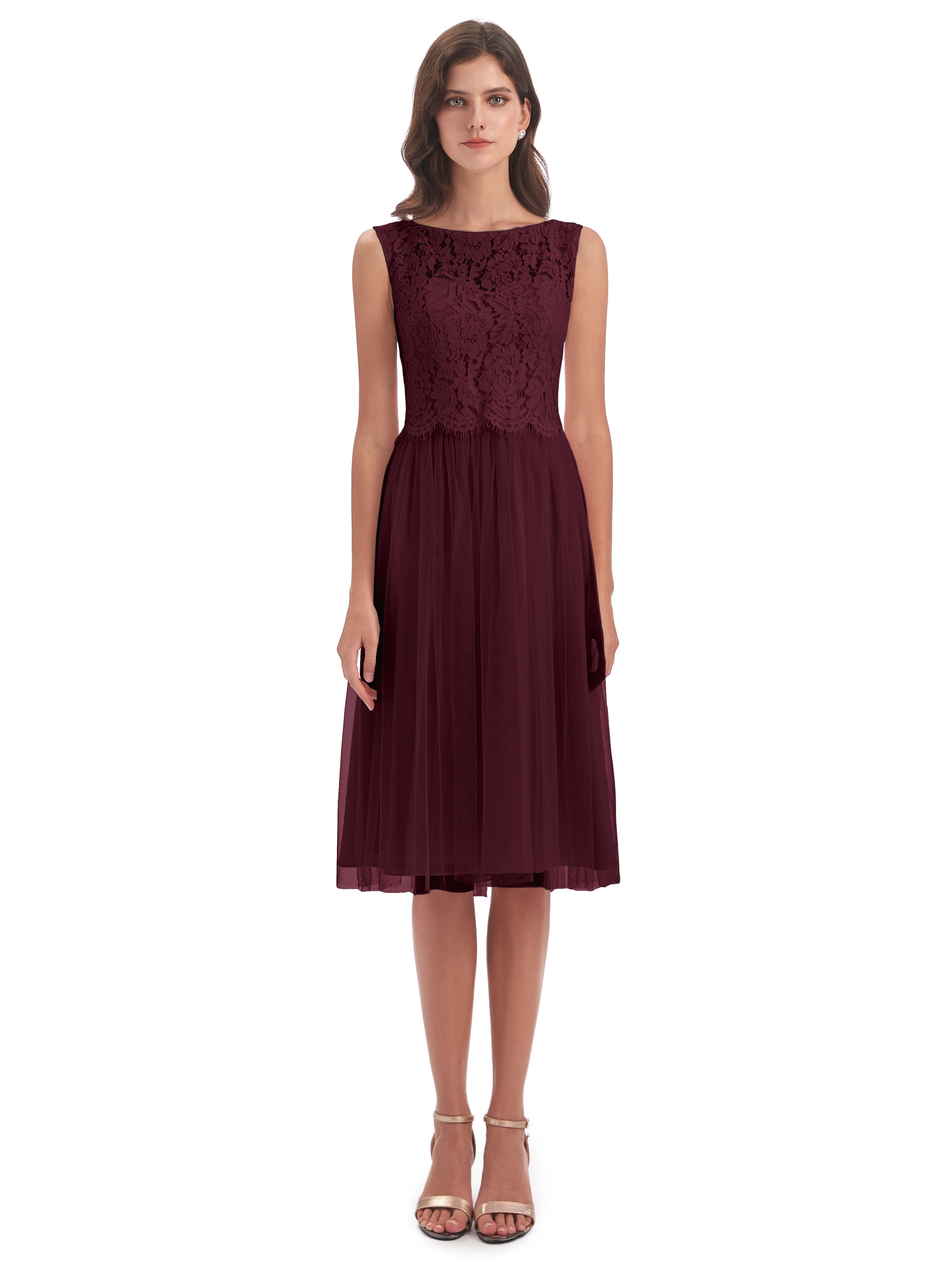 Robes De Demoiselle D'Honneur Cabernet Bateau Longueur Genou Tulle/Dentelle Robes Demoiselle D'Honneur