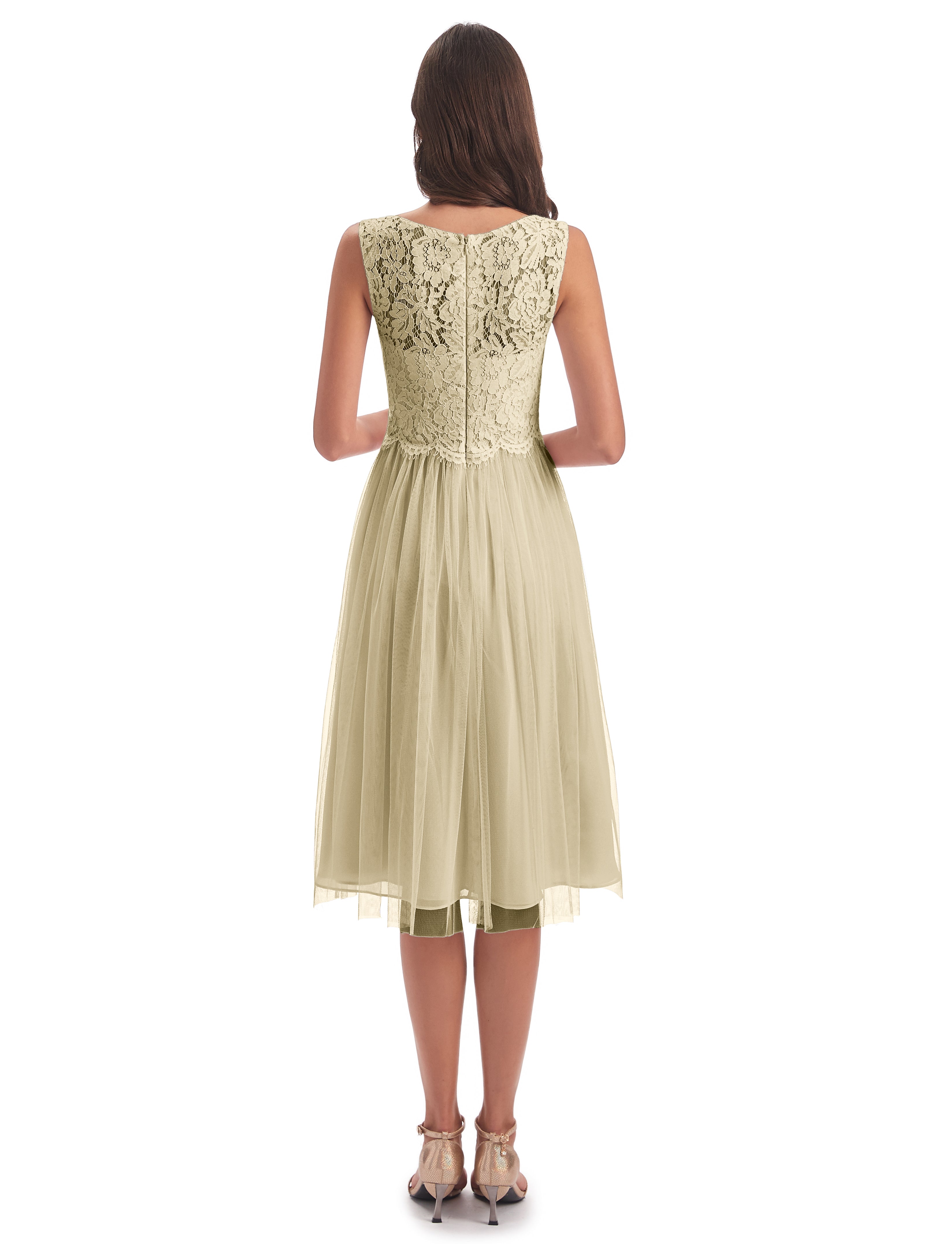 Robes De Demoiselle D'Honneur Champagne Bateau Longueur Genou Tulle/Dentelle Robes Demoiselle D'Honneur