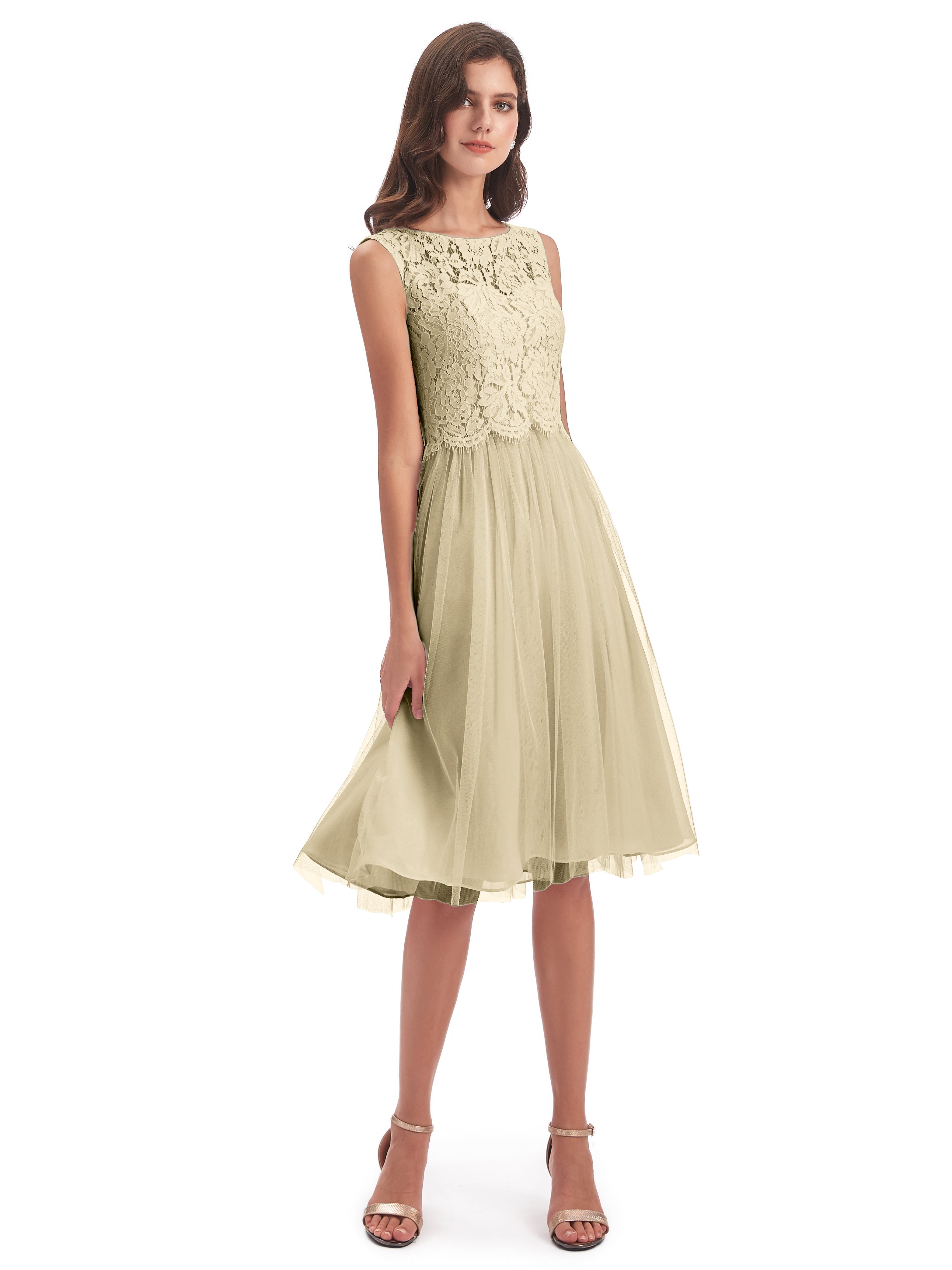 Robes De Demoiselle D'Honneur Champagne Bateau Longueur Genou Tulle/Dentelle Robes Demoiselle D'Honneur