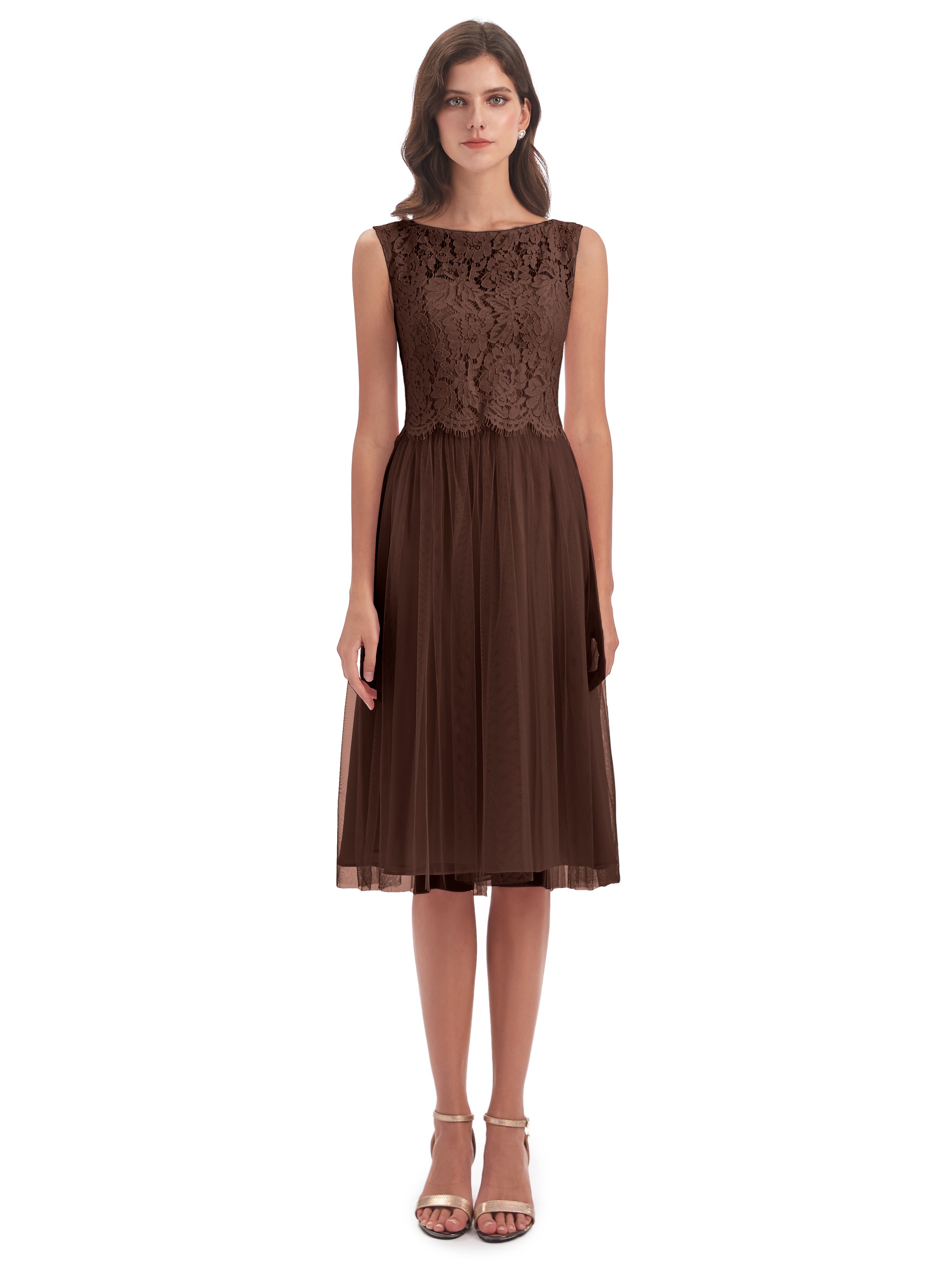 Robe Demoiselle D Honneur Chocolat Bateau Longueur Genou Tulle/Dentelle Robes Demoiselle D'Honneur