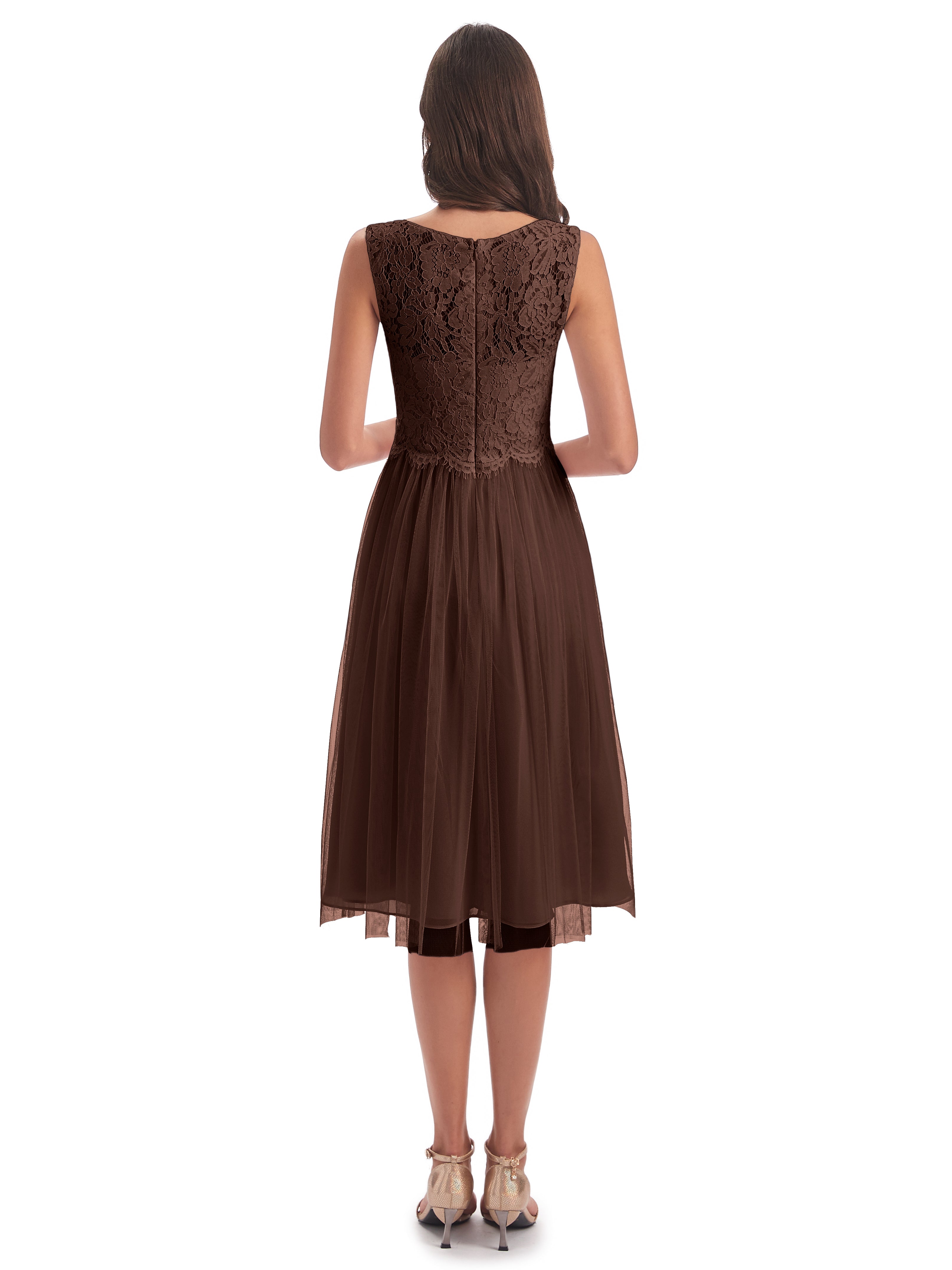 Robe Demoiselle D Honneur Chocolat Bateau Longueur Genou Tulle/Dentelle Robes Demoiselle D'Honneur