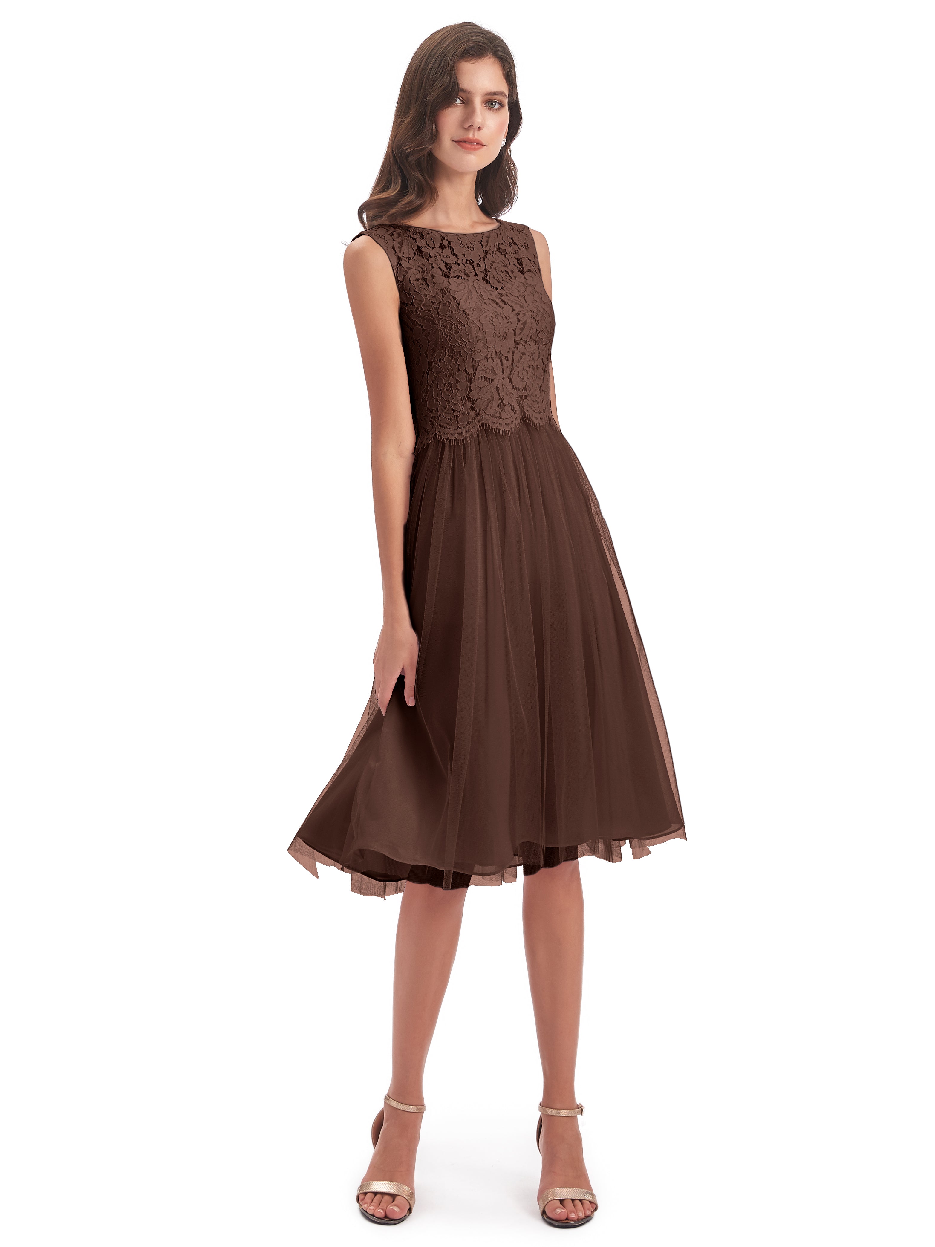 Robe Demoiselle D Honneur Chocolat Bateau Longueur Genou Tulle/Dentelle Robes Demoiselle D'Honneur