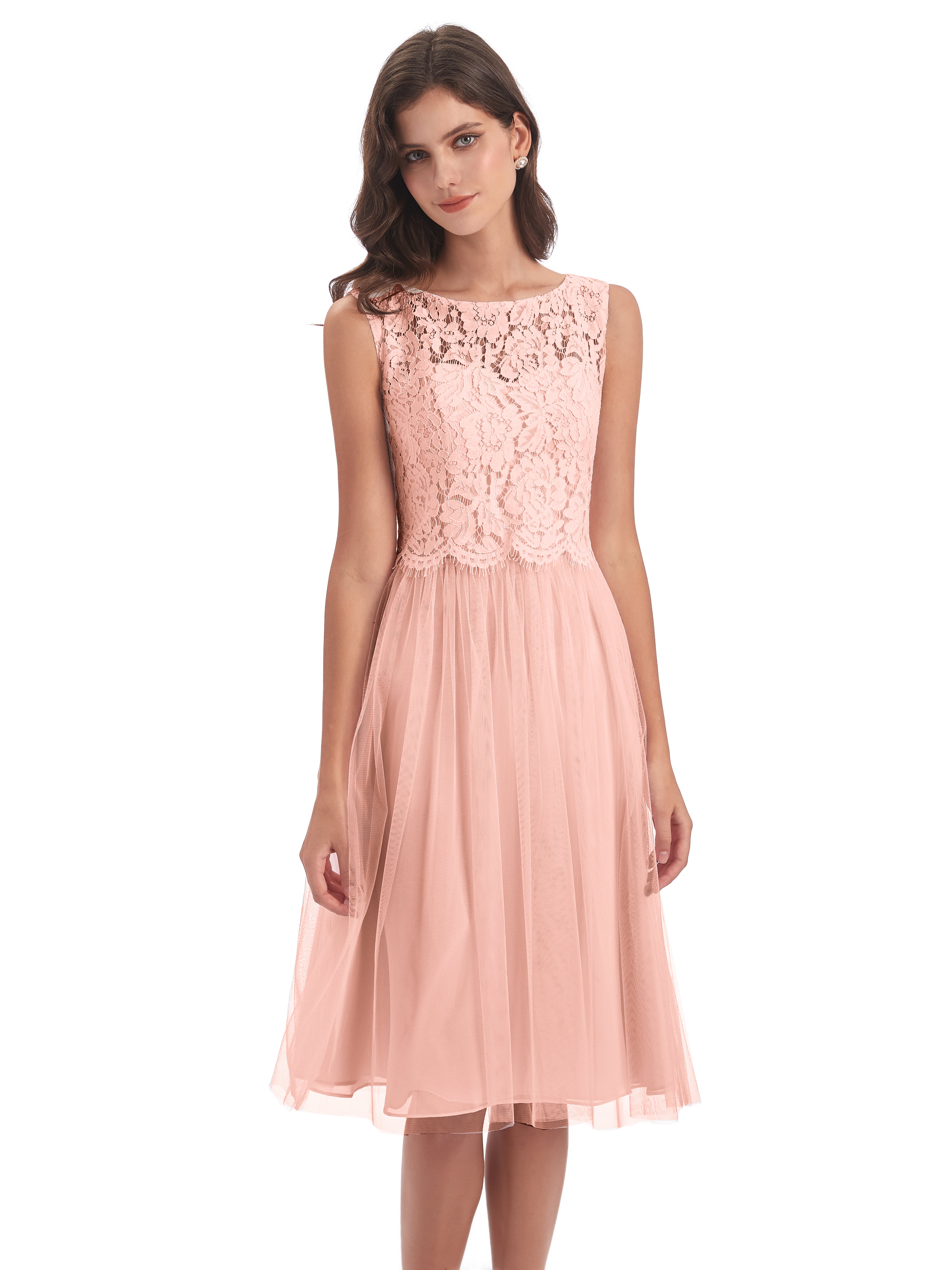 Robe Demoiselle D Honneur Corail Bateau Longueur Genou Tulle/Dentelle Robes Demoiselle D'Honneur