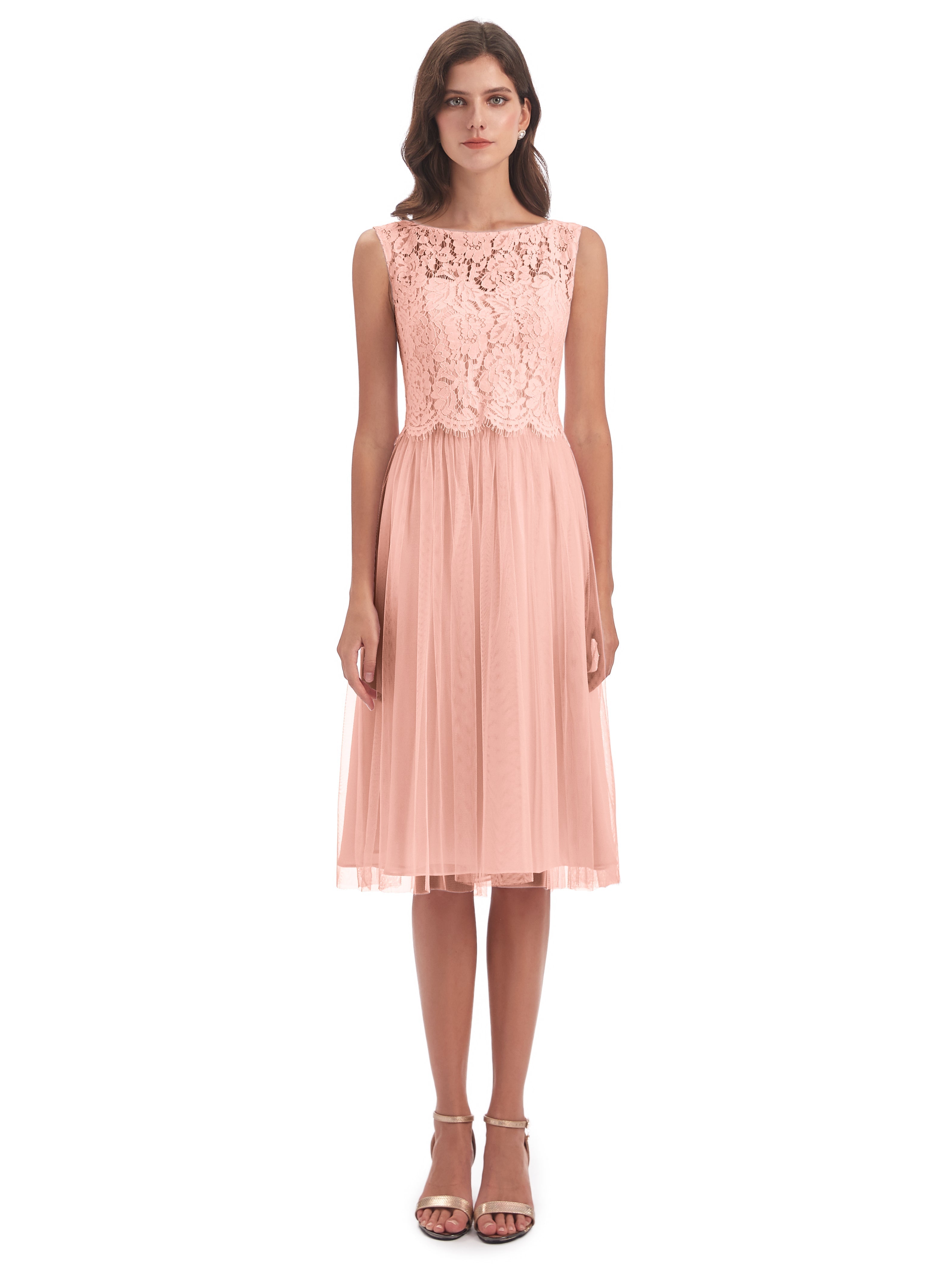 Robe Demoiselle D Honneur Corail Bateau Longueur Genou Tulle/Dentelle Robes Demoiselle D'Honneur