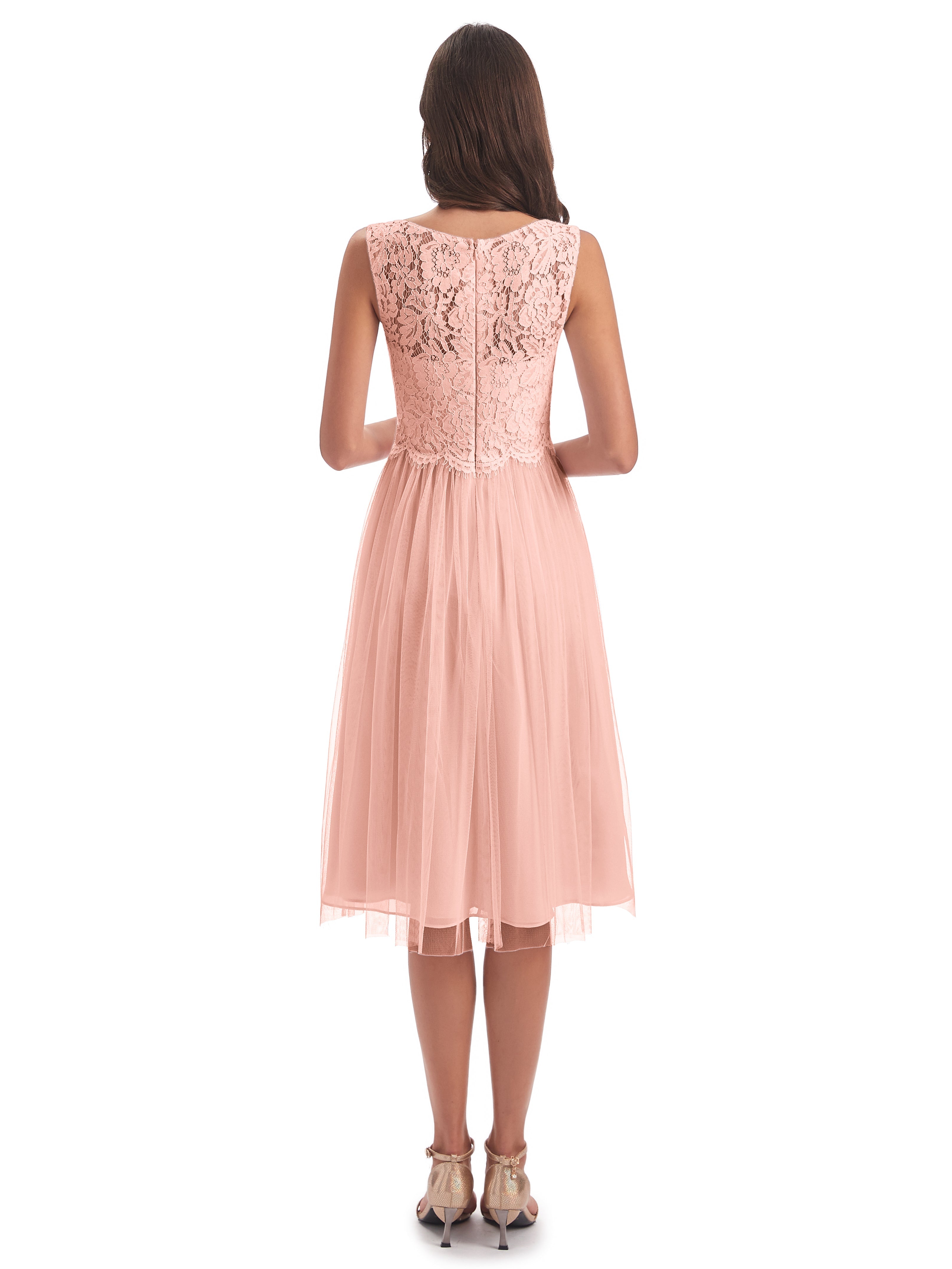 Robe Demoiselle D Honneur Corail Bateau Longueur Genou Tulle/Dentelle Robes Demoiselle D'Honneur