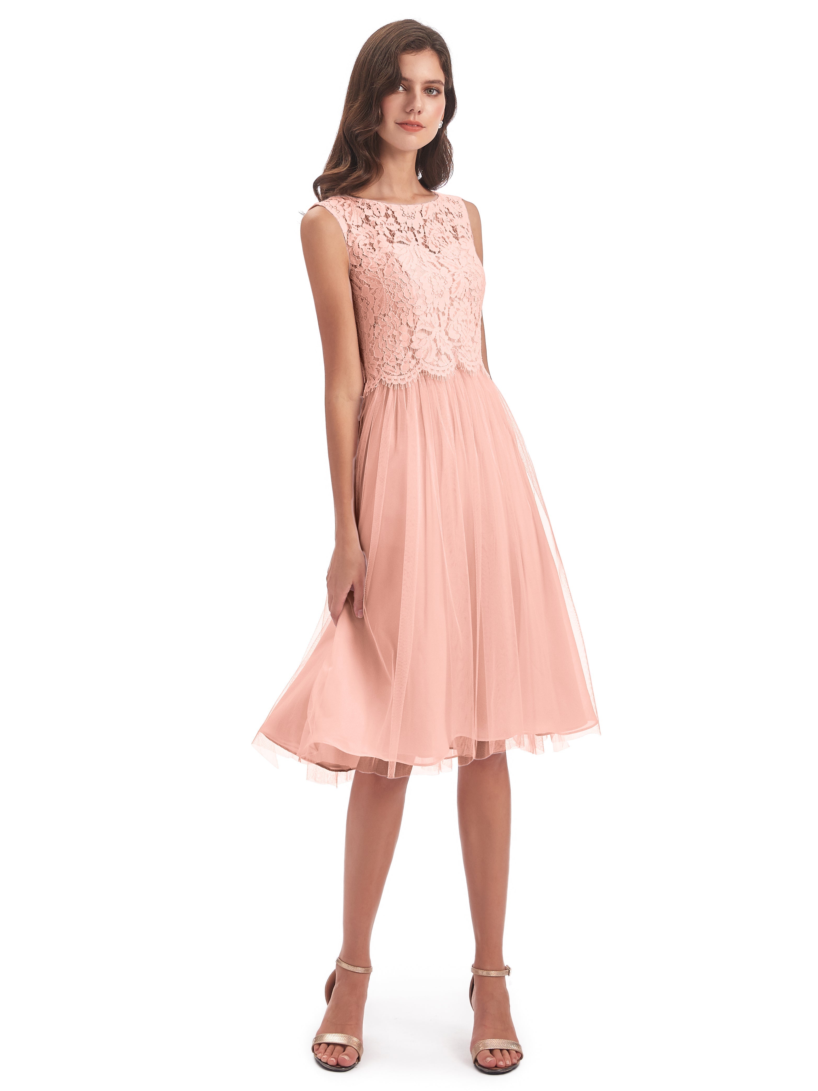 Robe Demoiselle D Honneur Corail Bateau Longueur Genou Tulle/Dentelle Robes Demoiselle D'Honneur
