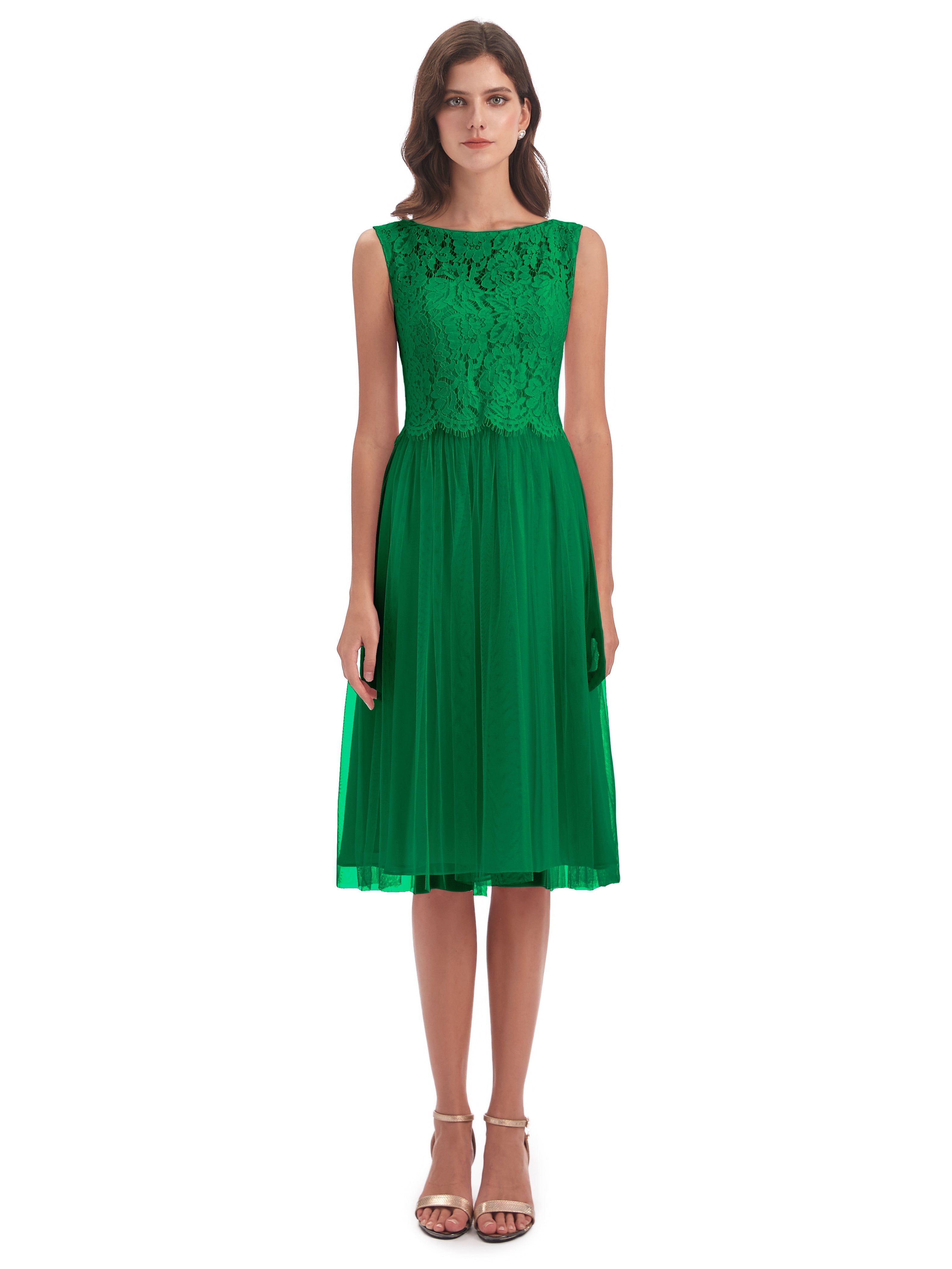 Robe Demoiselle D Honneur Vert Emeraude Bateau Longueur Genou Tulle/Dentelle Robes Demoiselle D'Honneur