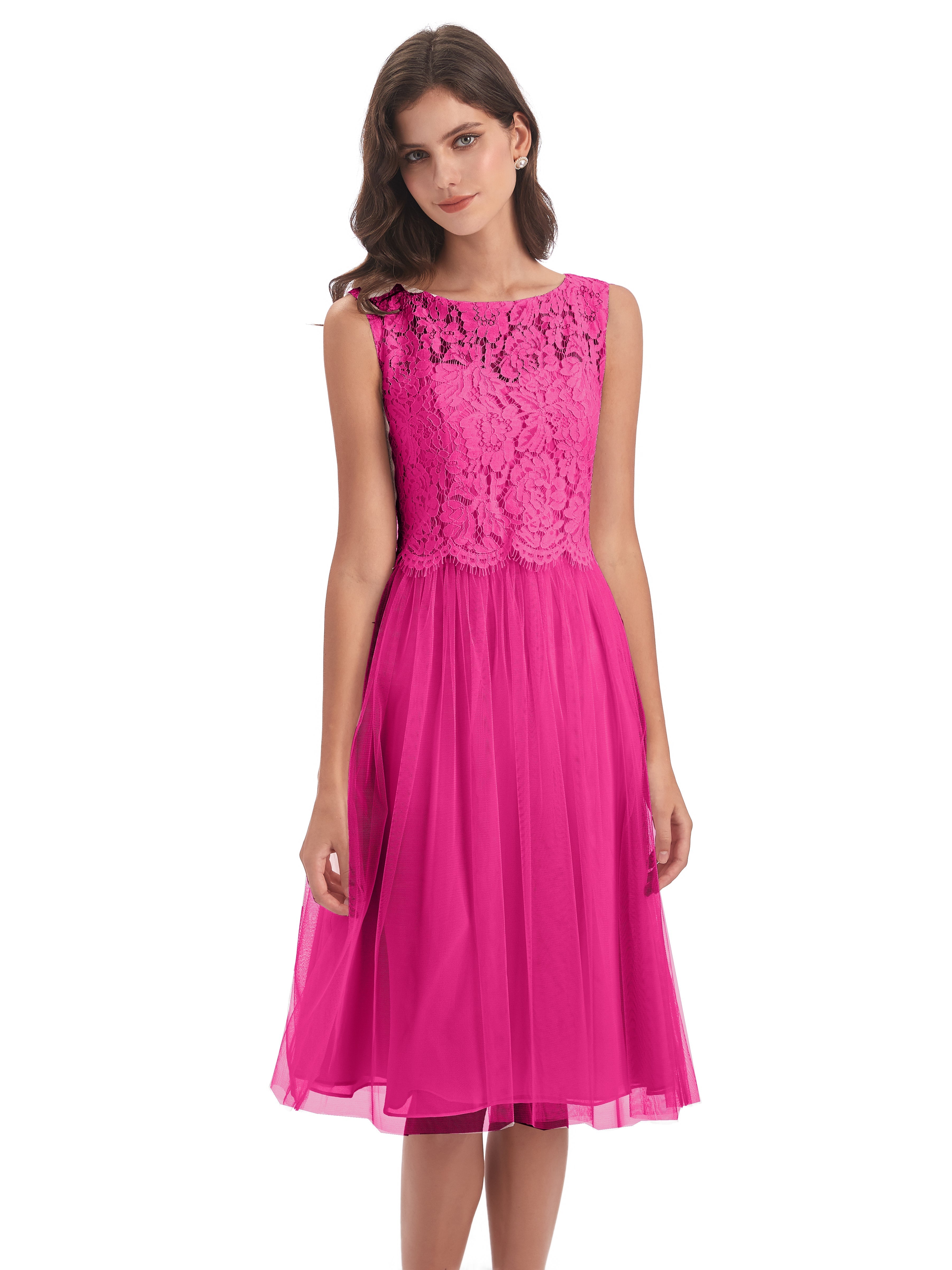 Robes De Demoiselle D'Honneur Couleur Rose Fuchsia Bateau Longueur Genou Tulle/Dentelle Robes Demoiselle D'Honneur