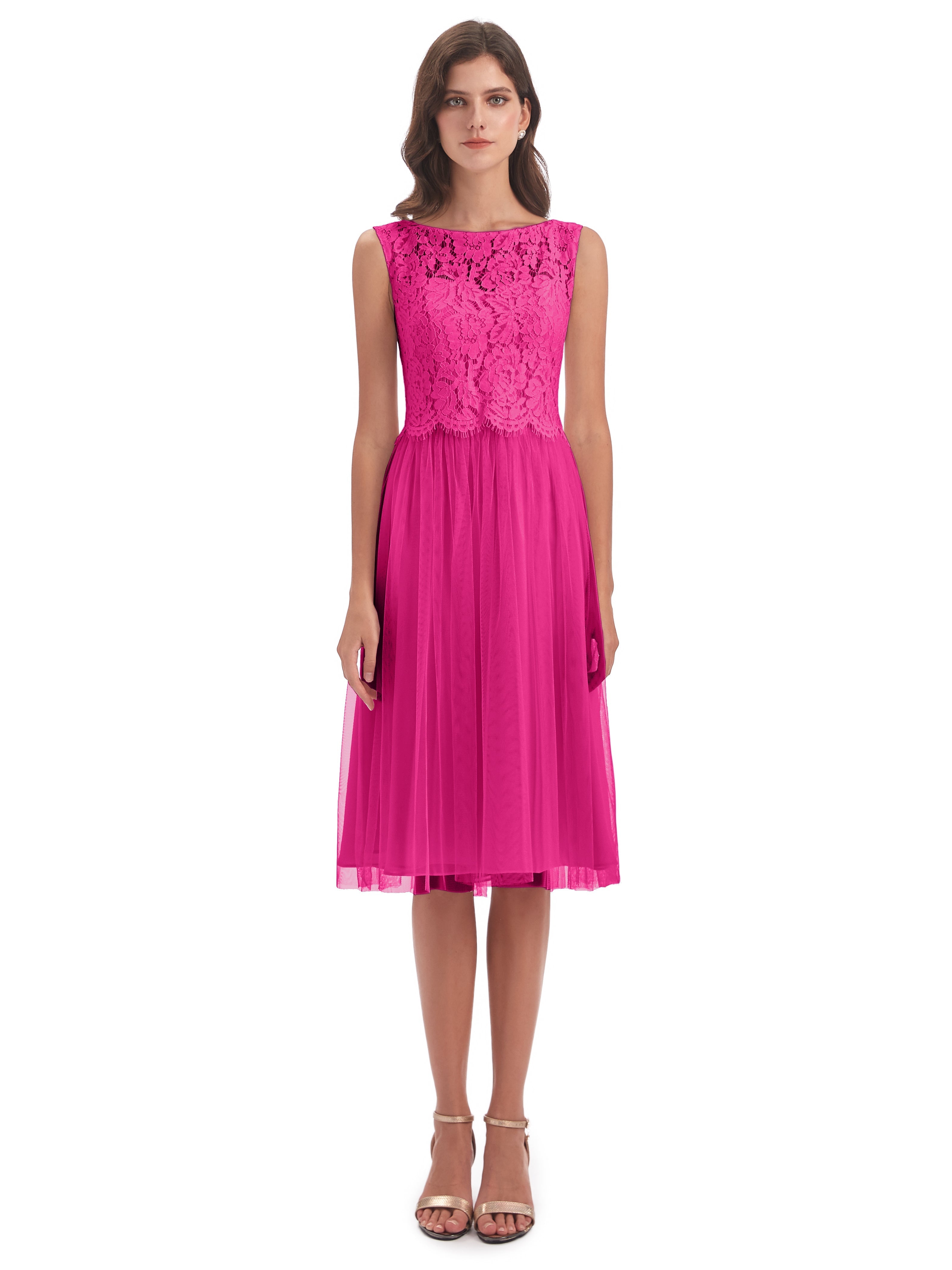 Robes De Demoiselle D'Honneur Couleur Rose Fuchsia Bateau Longueur Genou Tulle/Dentelle Robes Demoiselle D'Honneur