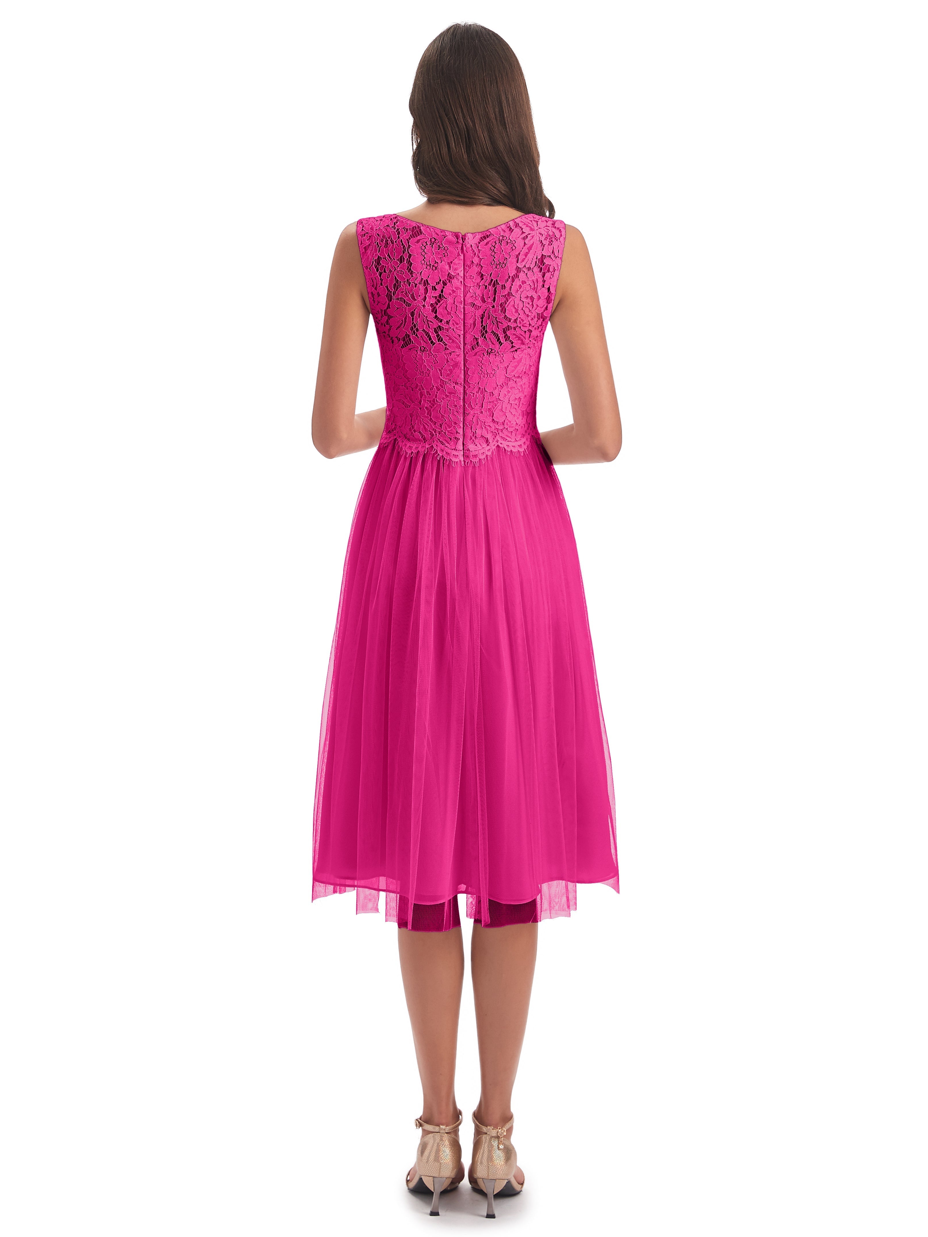 Robes De Demoiselle D'Honneur Couleur Rose Fuchsia Bateau Longueur Genou Tulle/Dentelle Robes Demoiselle D'Honneur