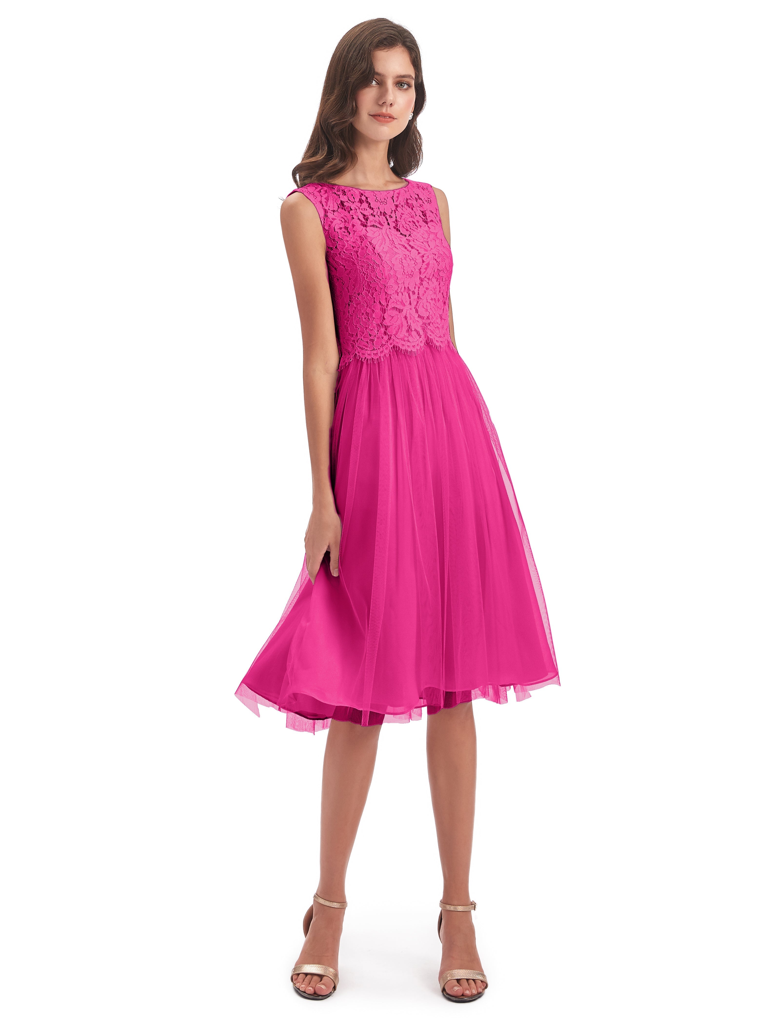 Robes De Demoiselle D'Honneur Couleur Rose Fuchsia Bateau Longueur Genou Tulle/Dentelle Robes Demoiselle D'Honneur