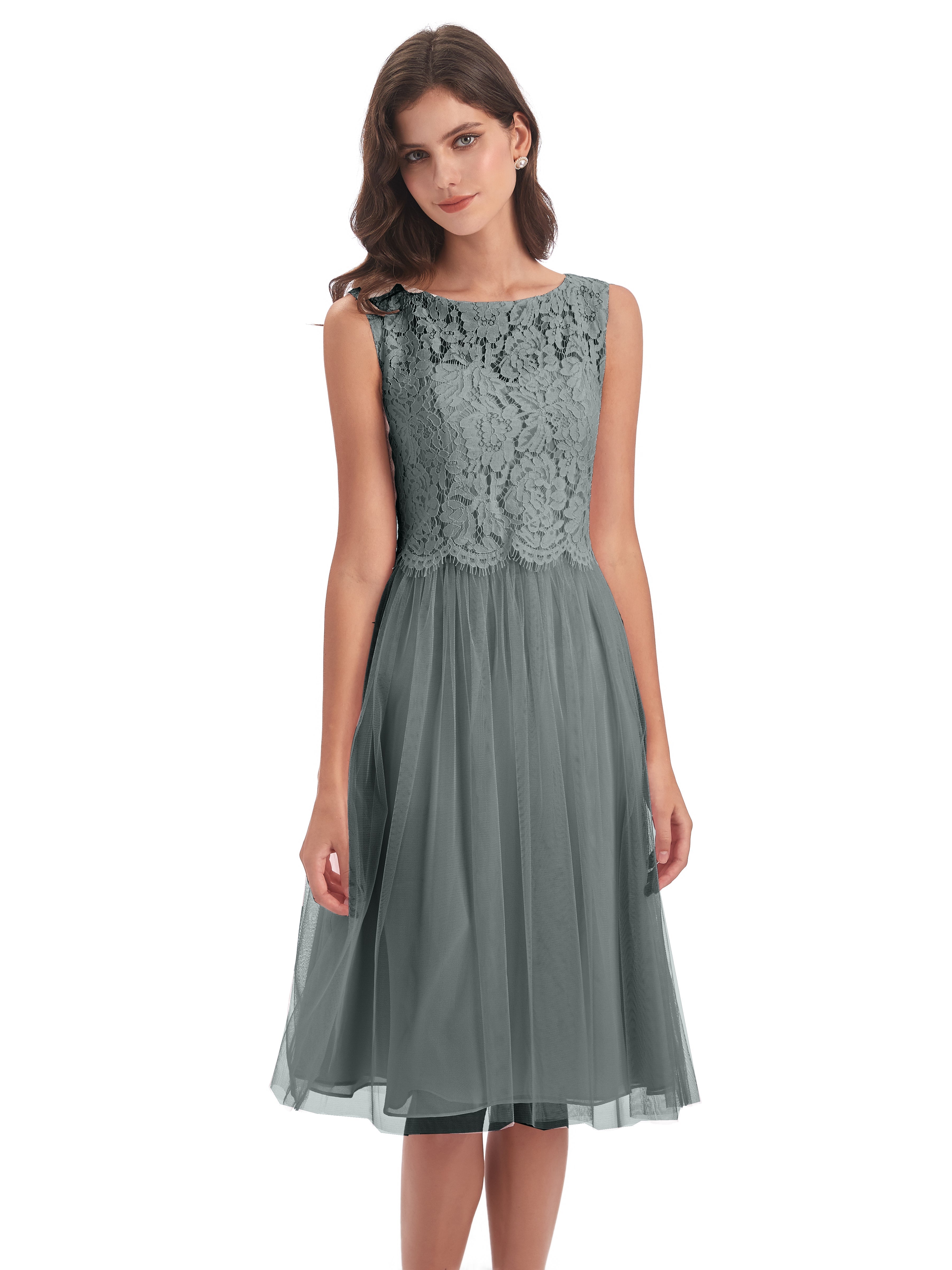 Robe Demoiselle D Honneur Grise Bateau Longueur Genou Tulle/Dentelle Robes Demoiselle D'Honneur