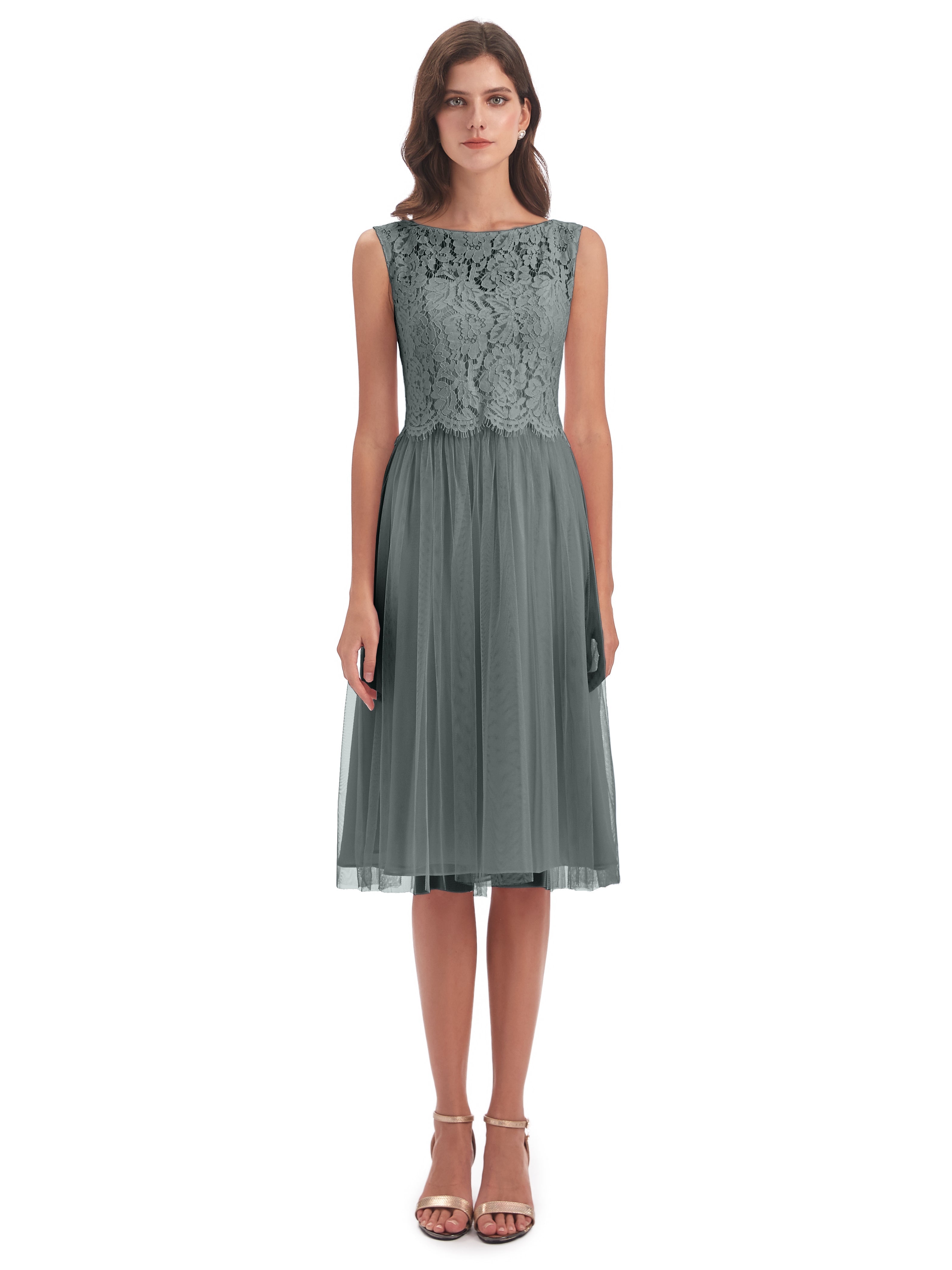 Robe Demoiselle D Honneur Grise Bateau Longueur Genou Tulle/Dentelle Robes Demoiselle D'Honneur