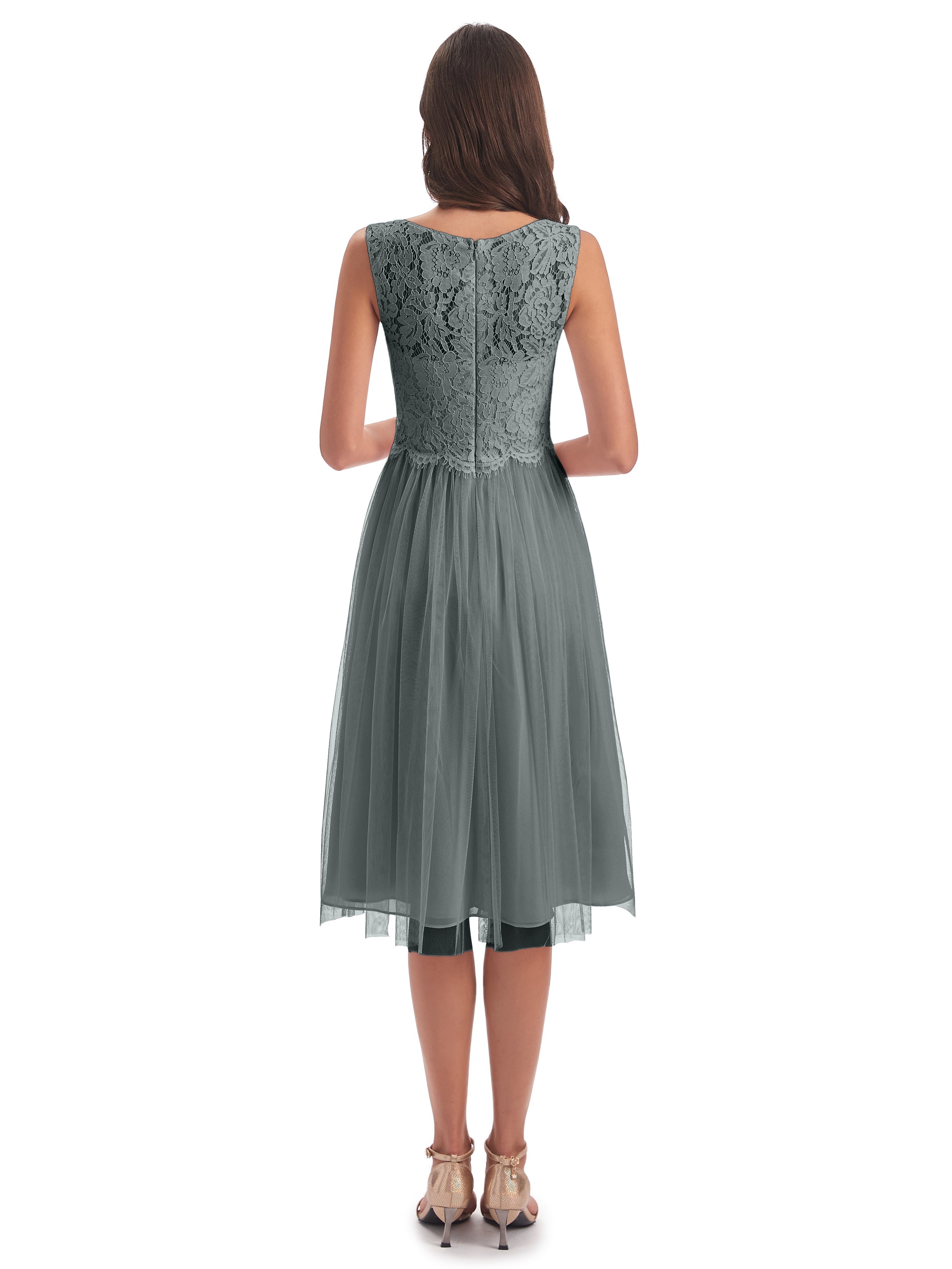 Robe Demoiselle D Honneur Grise Bateau Longueur Genou Tulle/Dentelle Robes Demoiselle D'Honneur