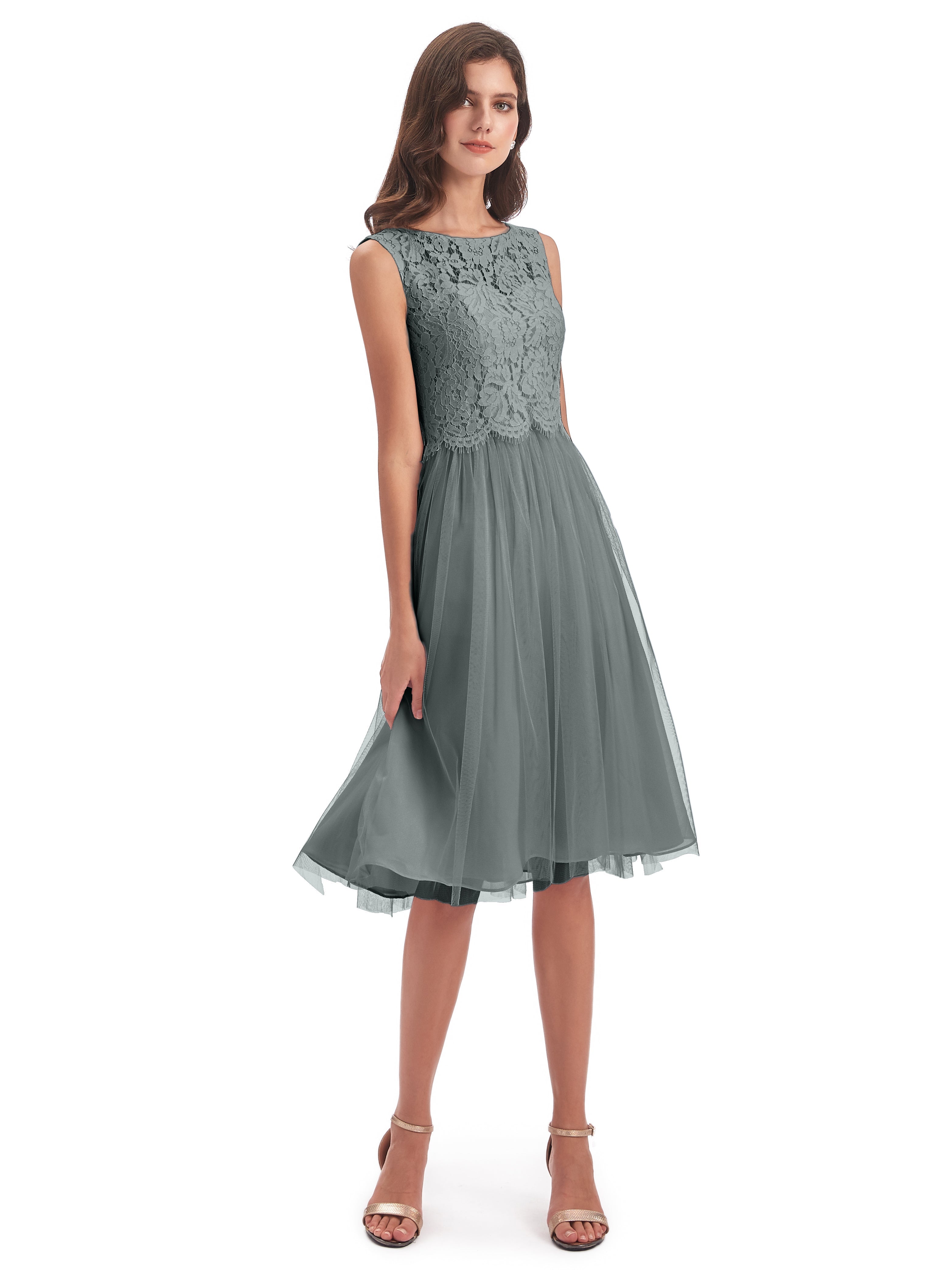 Robe Demoiselle D Honneur Grise Bateau Longueur Genou Tulle/Dentelle Robes Demoiselle D'Honneur