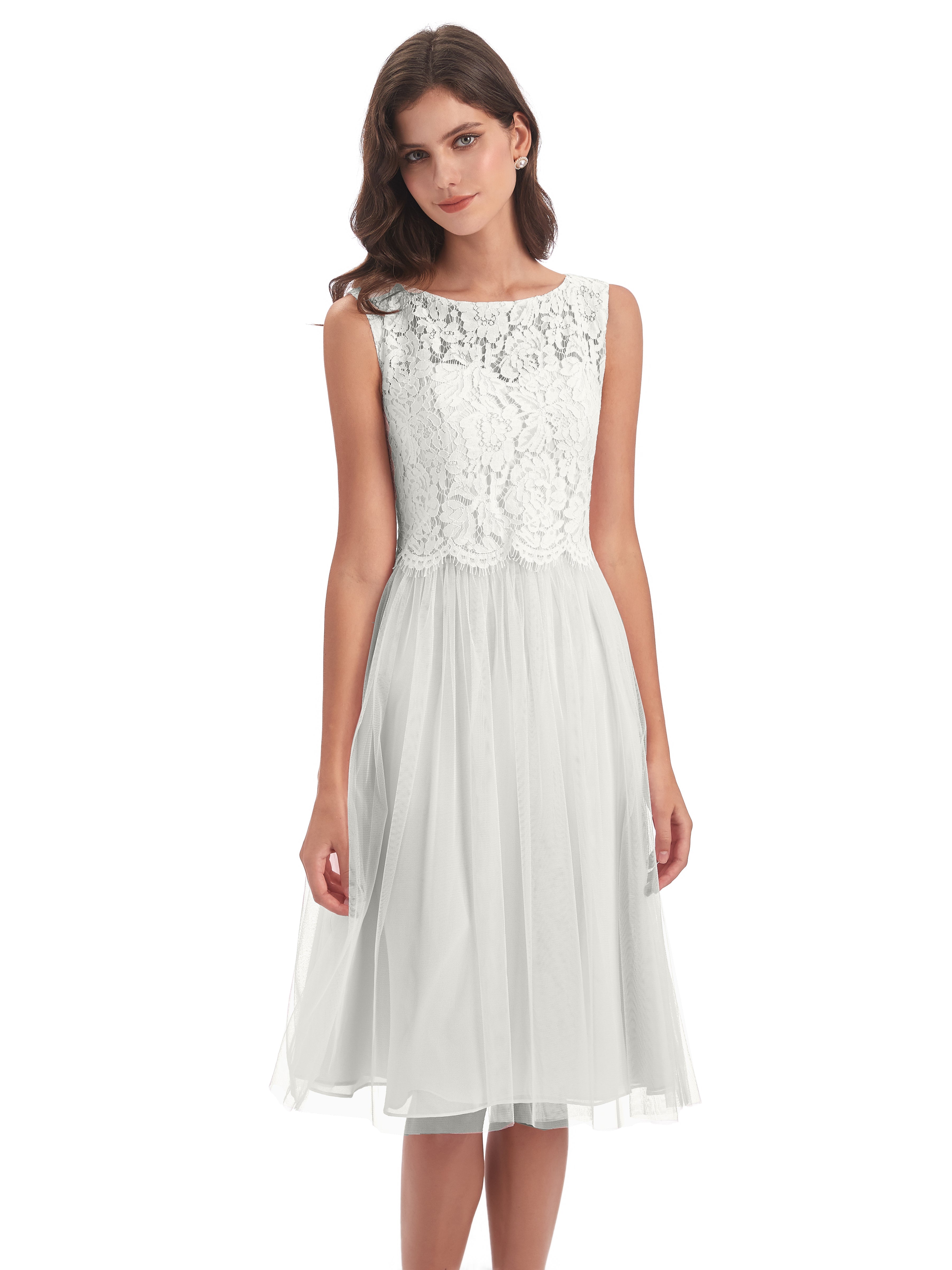 Robe Demoiselle D Honneur Ivoire Bateau Longueur Genou Tulle/Dentelle Robes Demoiselle D'Honneur
