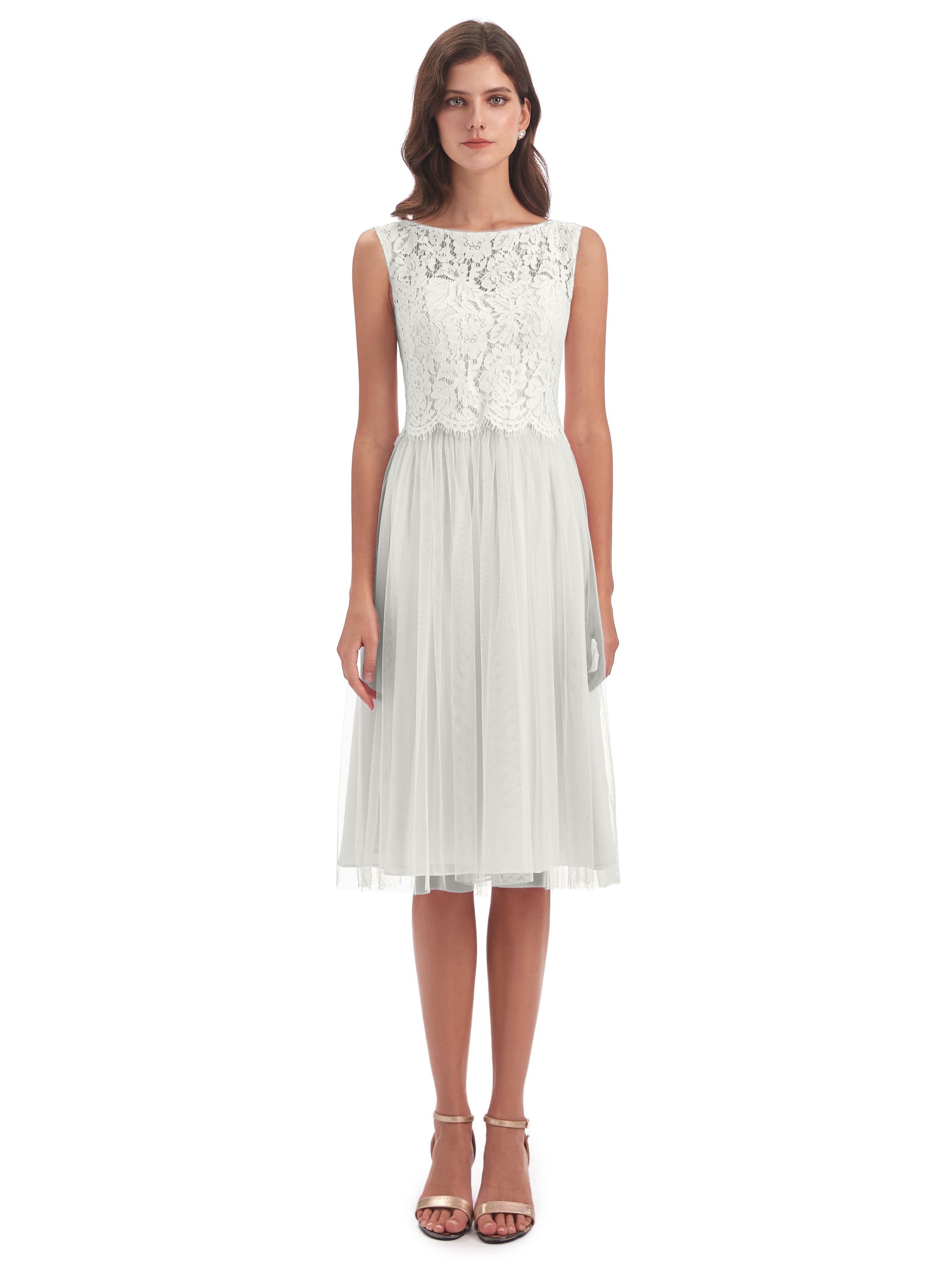 Robe Demoiselle D Honneur Ivoire Bateau Longueur Genou Tulle/Dentelle Robes Demoiselle D'Honneur