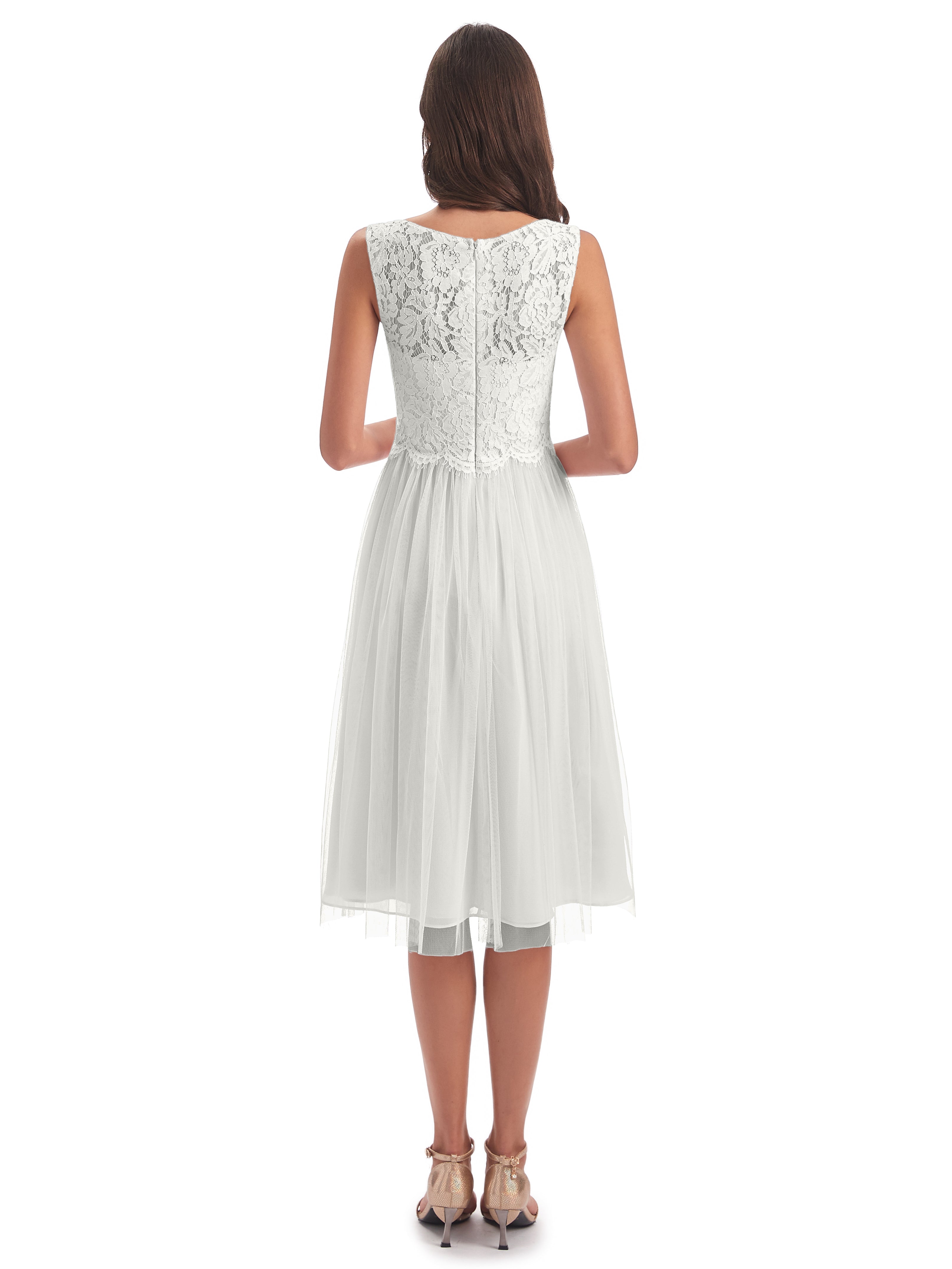 Robe Demoiselle D Honneur Ivoire Bateau Longueur Genou Tulle/Dentelle Robes Demoiselle D'Honneur