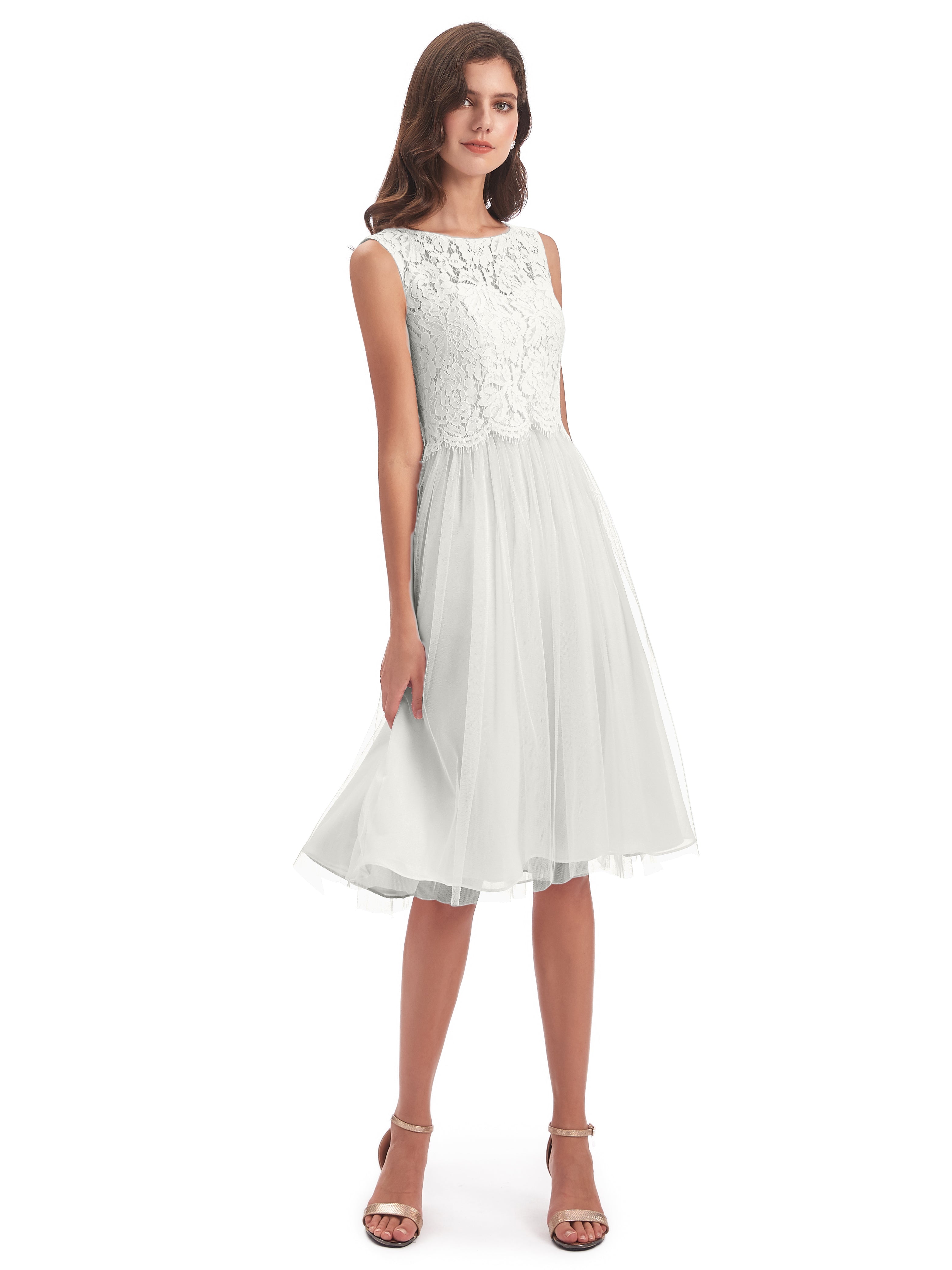 Robe Demoiselle D Honneur Ivoire Bateau Longueur Genou Tulle/Dentelle Robes Demoiselle D'Honneur