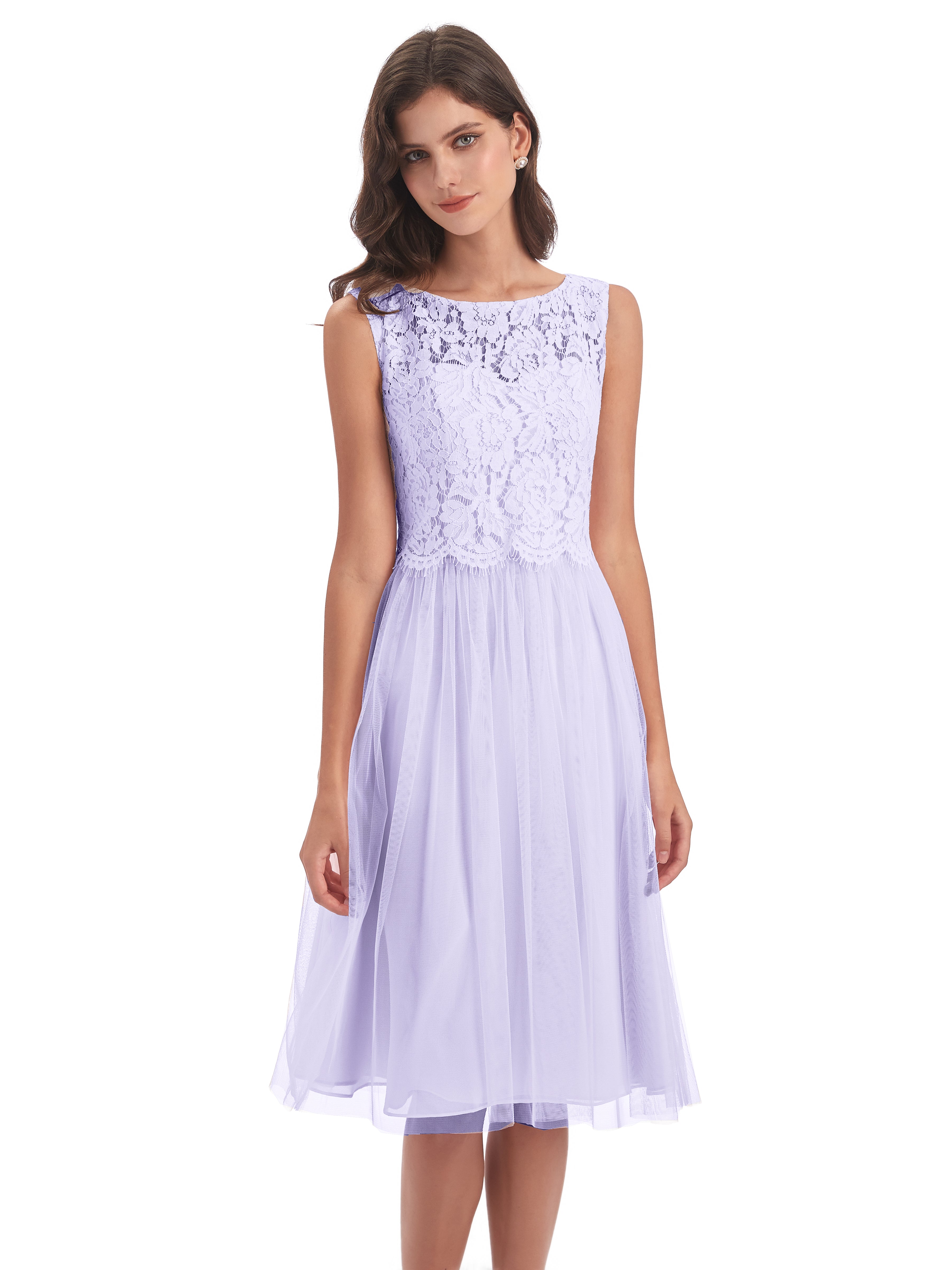 Robe Demoiselle D Honneur Lilas Bateau Longueur Genou Tulle/Dentelle Robes Demoiselle D'Honneur
