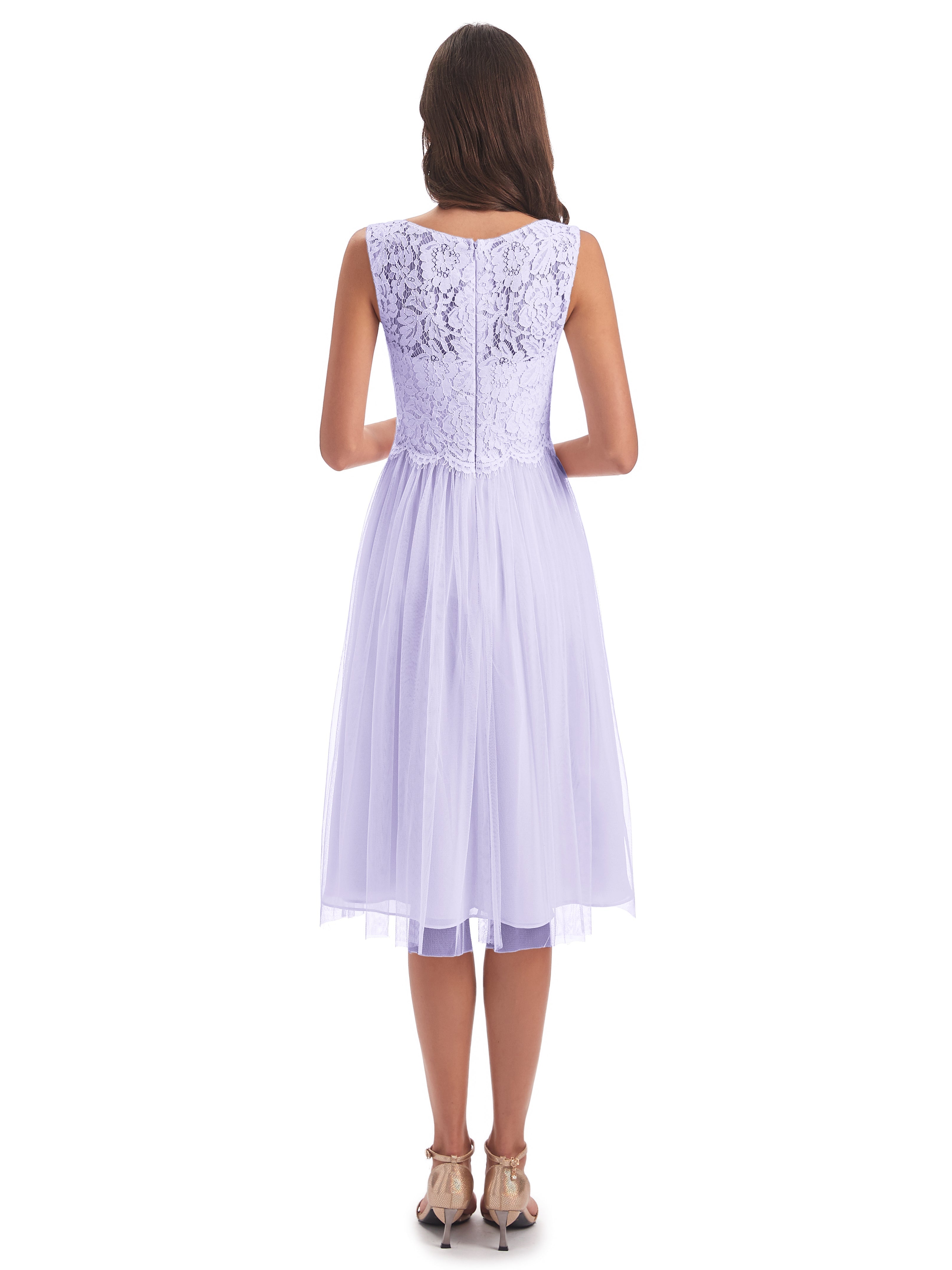 Robe Demoiselle D Honneur Lilas Bateau Longueur Genou Tulle/Dentelle Robes Demoiselle D'Honneur