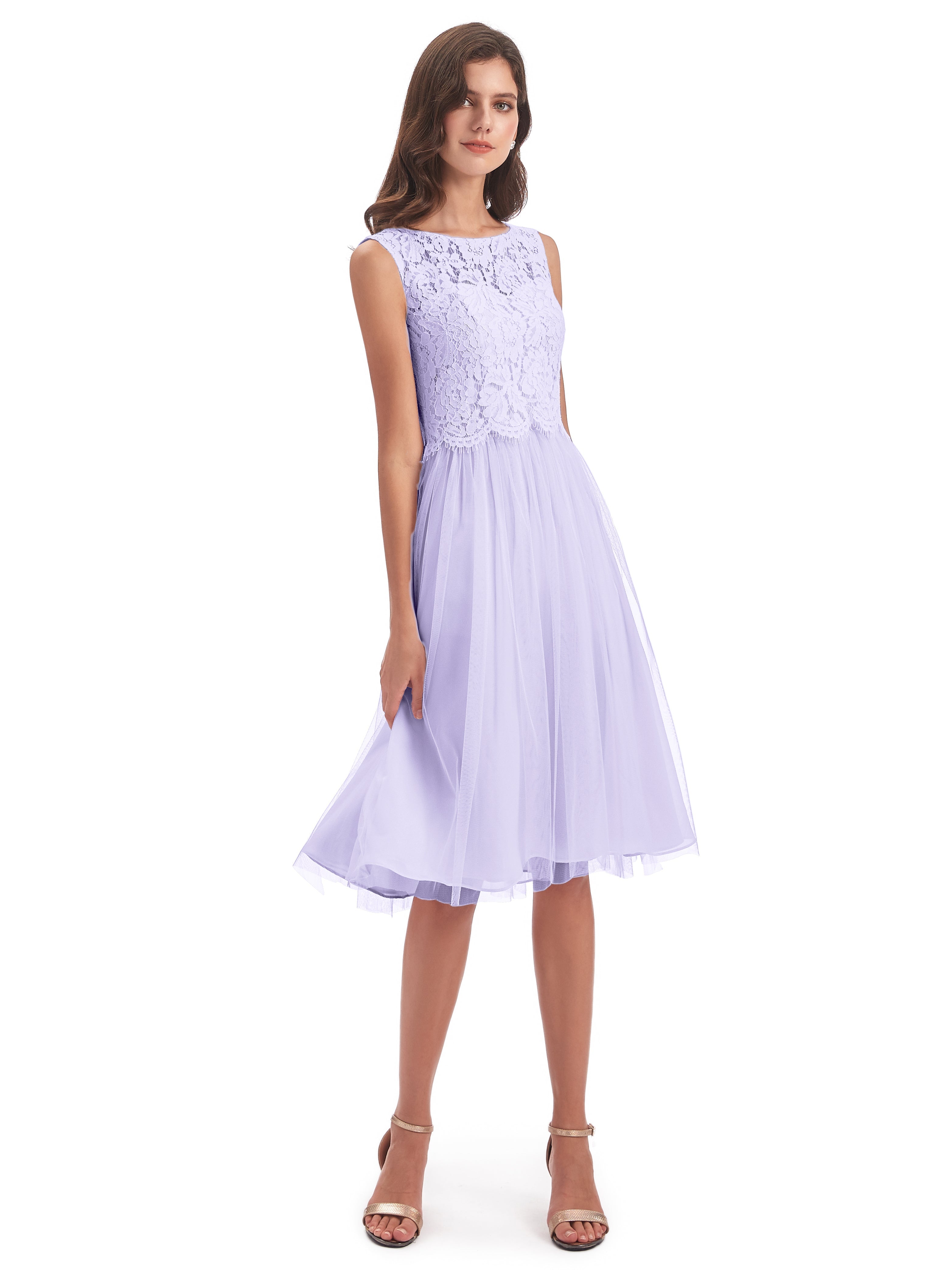 Robe Demoiselle D Honneur Lilas Bateau Longueur Genou Tulle/Dentelle Robes Demoiselle D'Honneur