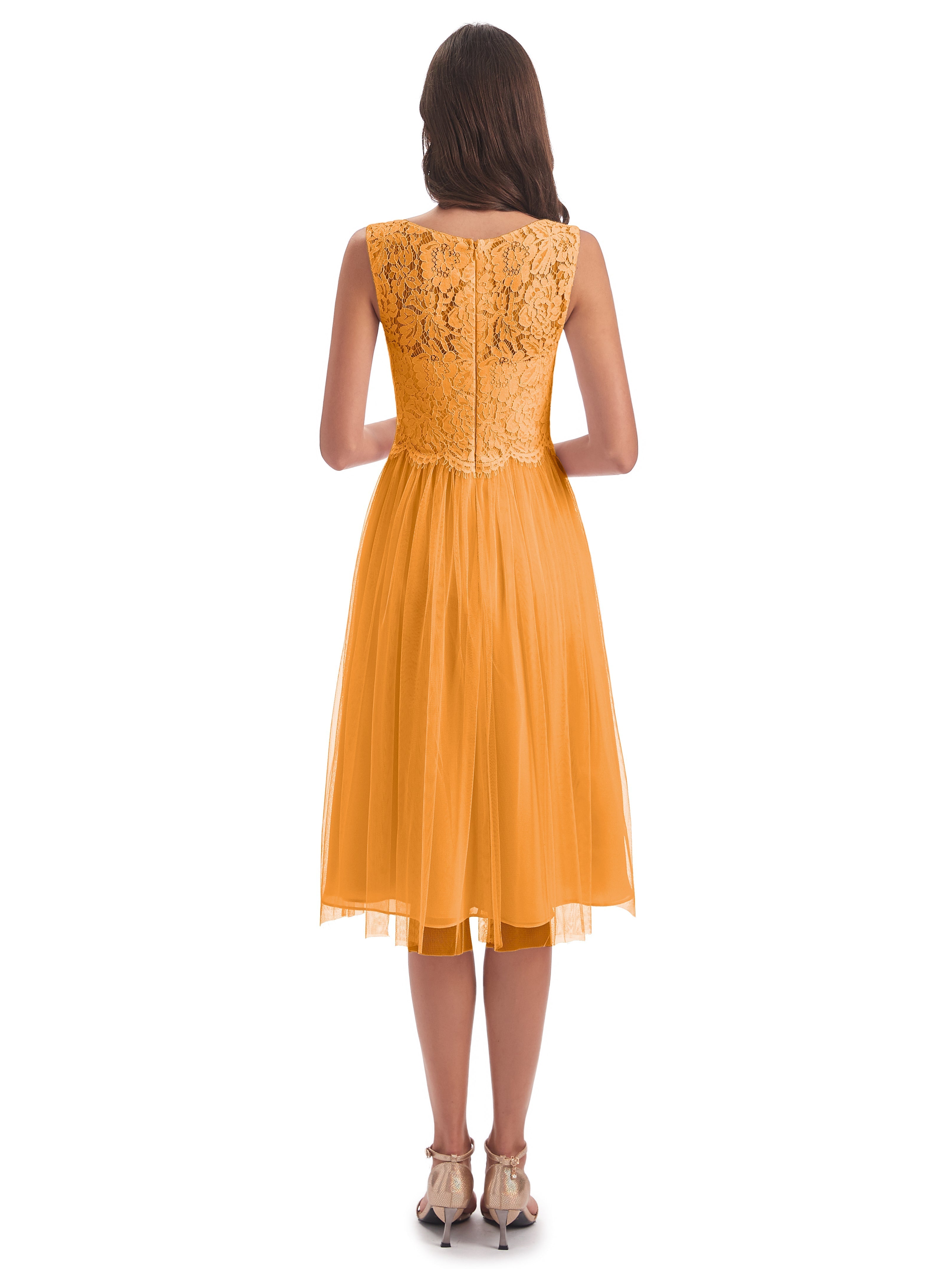 Robes De Demoiselle D'Honneur Mandarine Bateau Longueur Genou Tulle/Dentelle Robes Demoiselle D'Honneur