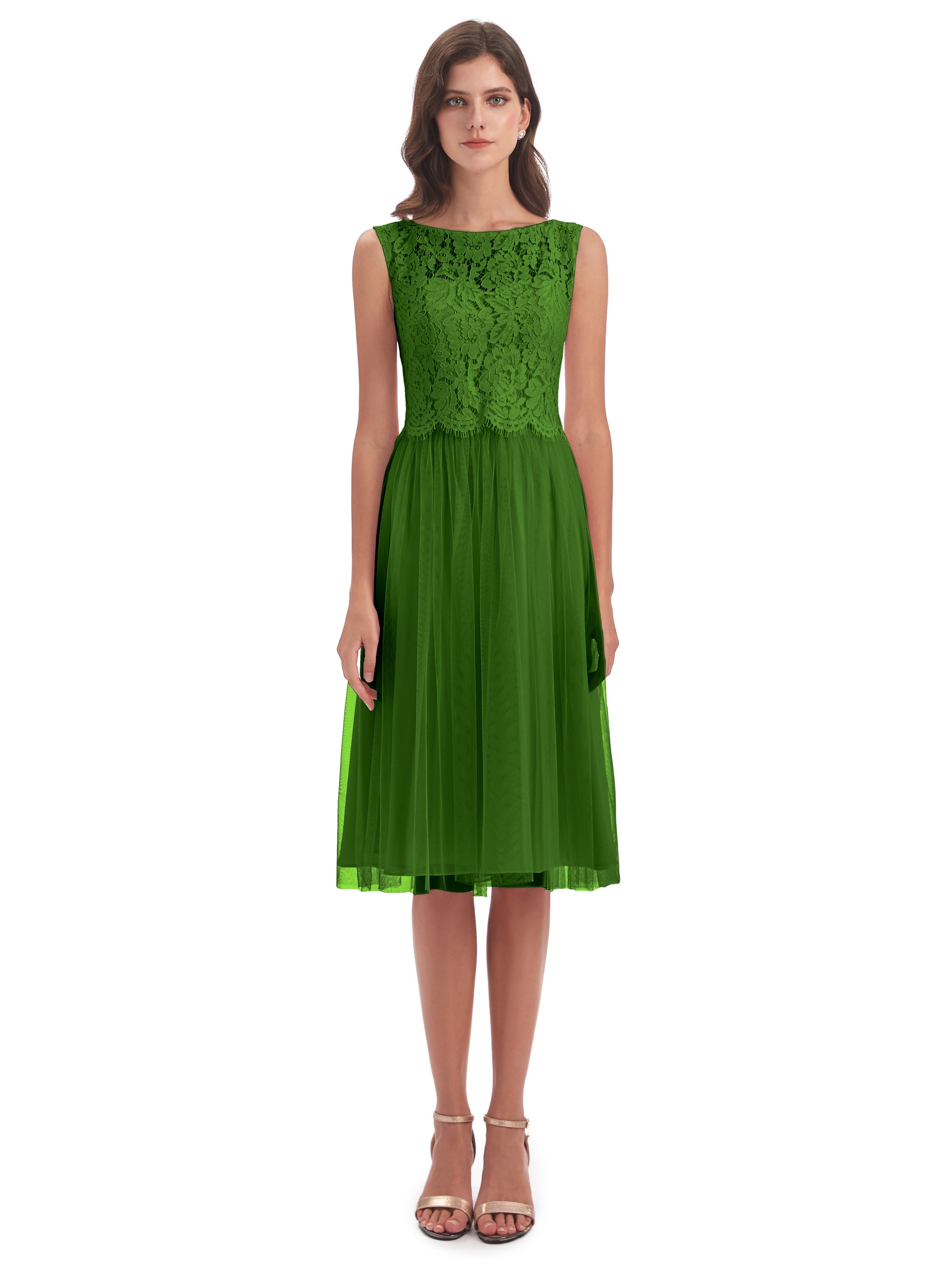 Robes De Demoiselle D'Honneur Vert Mousse Bateau Longueur Genou Tulle/Dentelle Robes Demoiselle D'Honneur