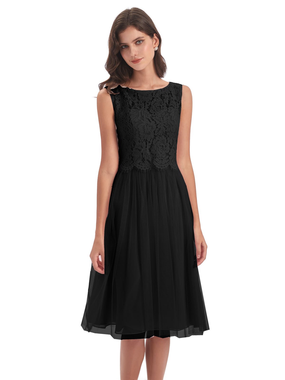 Robes De Demoiselle D'Honneur Noires Bateau Longueur Genou Tulle/Dentelle Robes Demoiselle D'Honneur