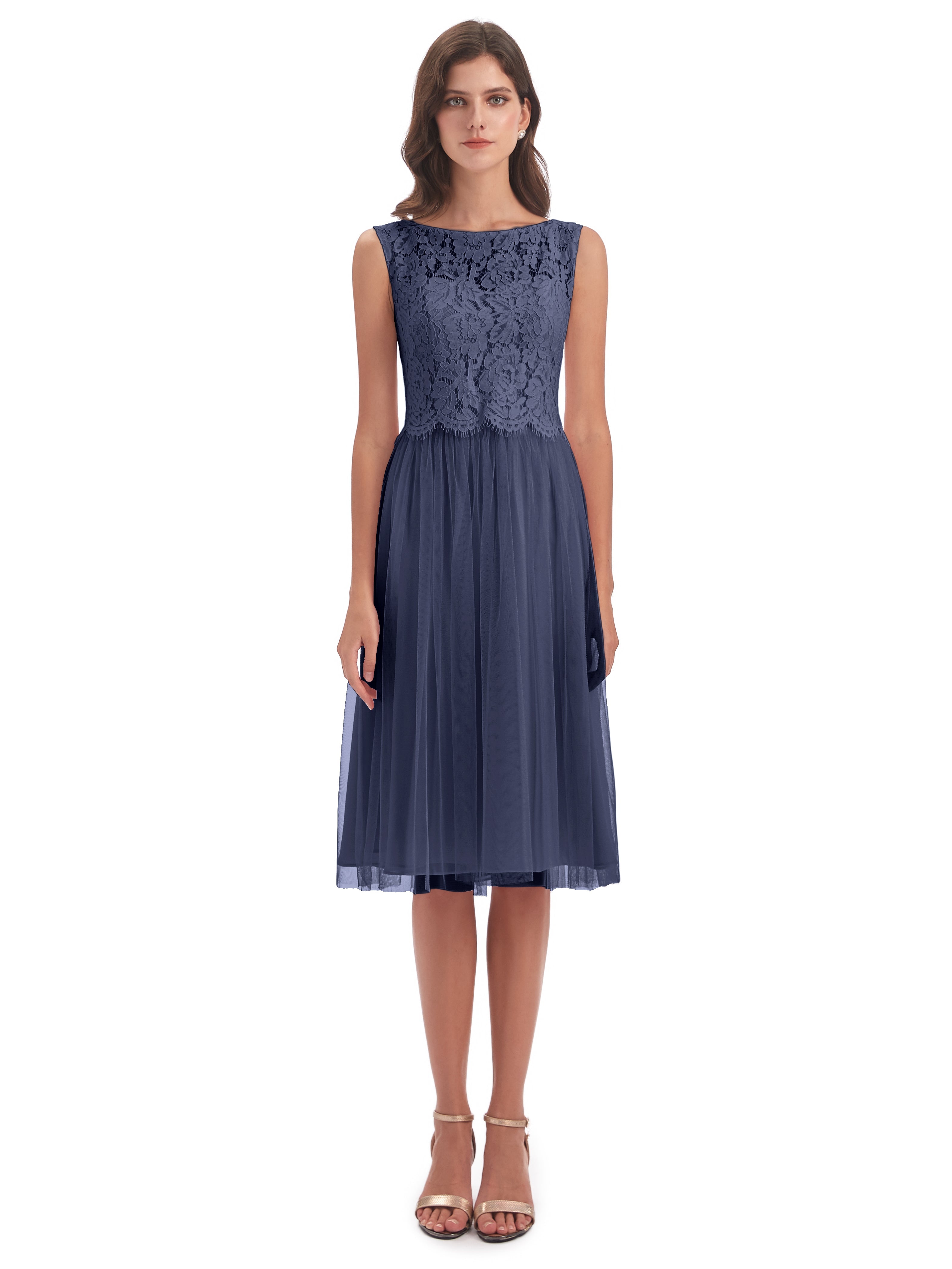 Robes De Demoiselle D'Honneur Bleu Orageux Bateau Longueur Genou Tulle/Dentelle Robes Demoiselle D'Honneur