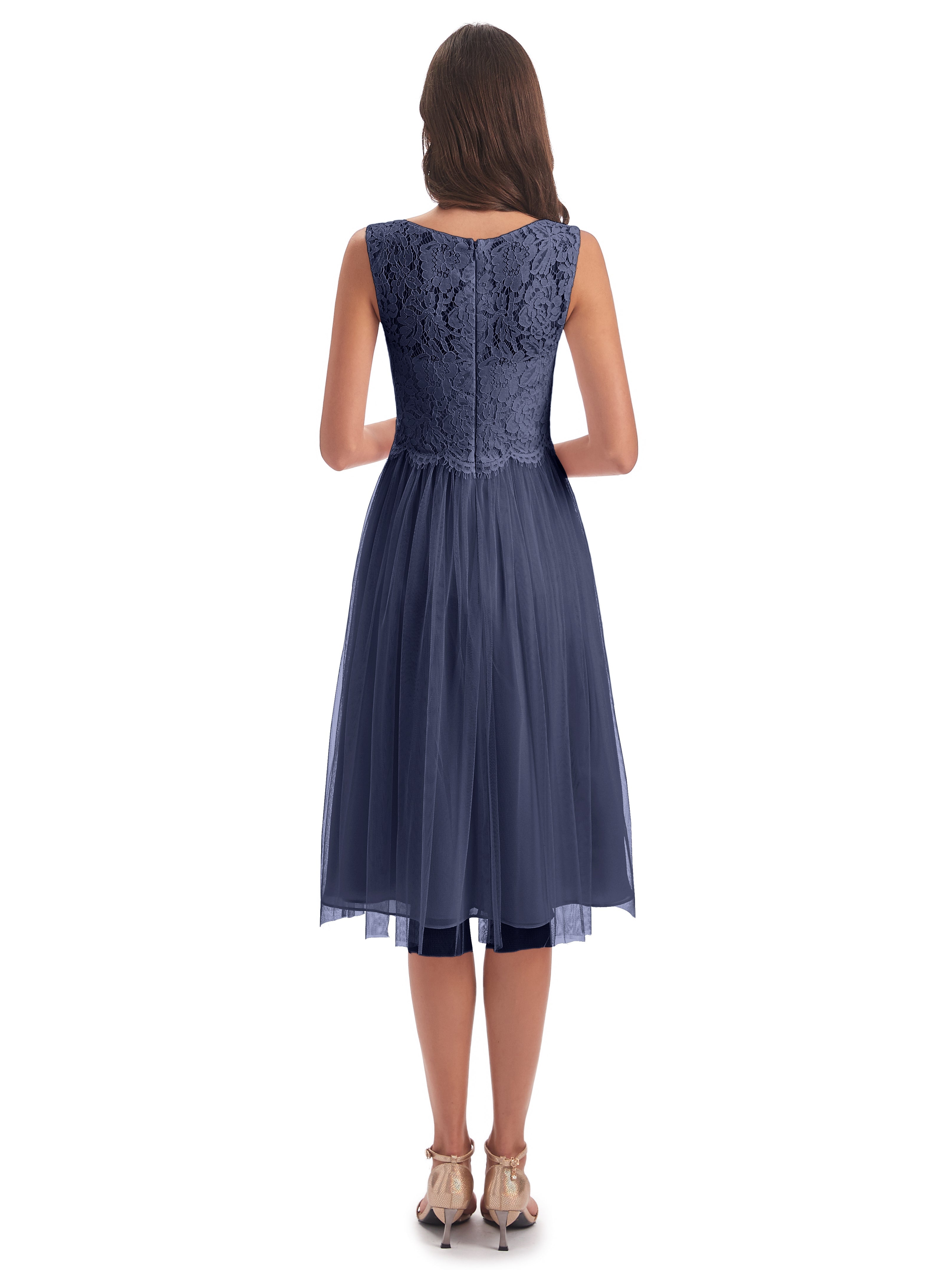 Robes De Demoiselle D'Honneur Bleu Orageux Bateau Longueur Genou Tulle/Dentelle Robes Demoiselle D'Honneur
