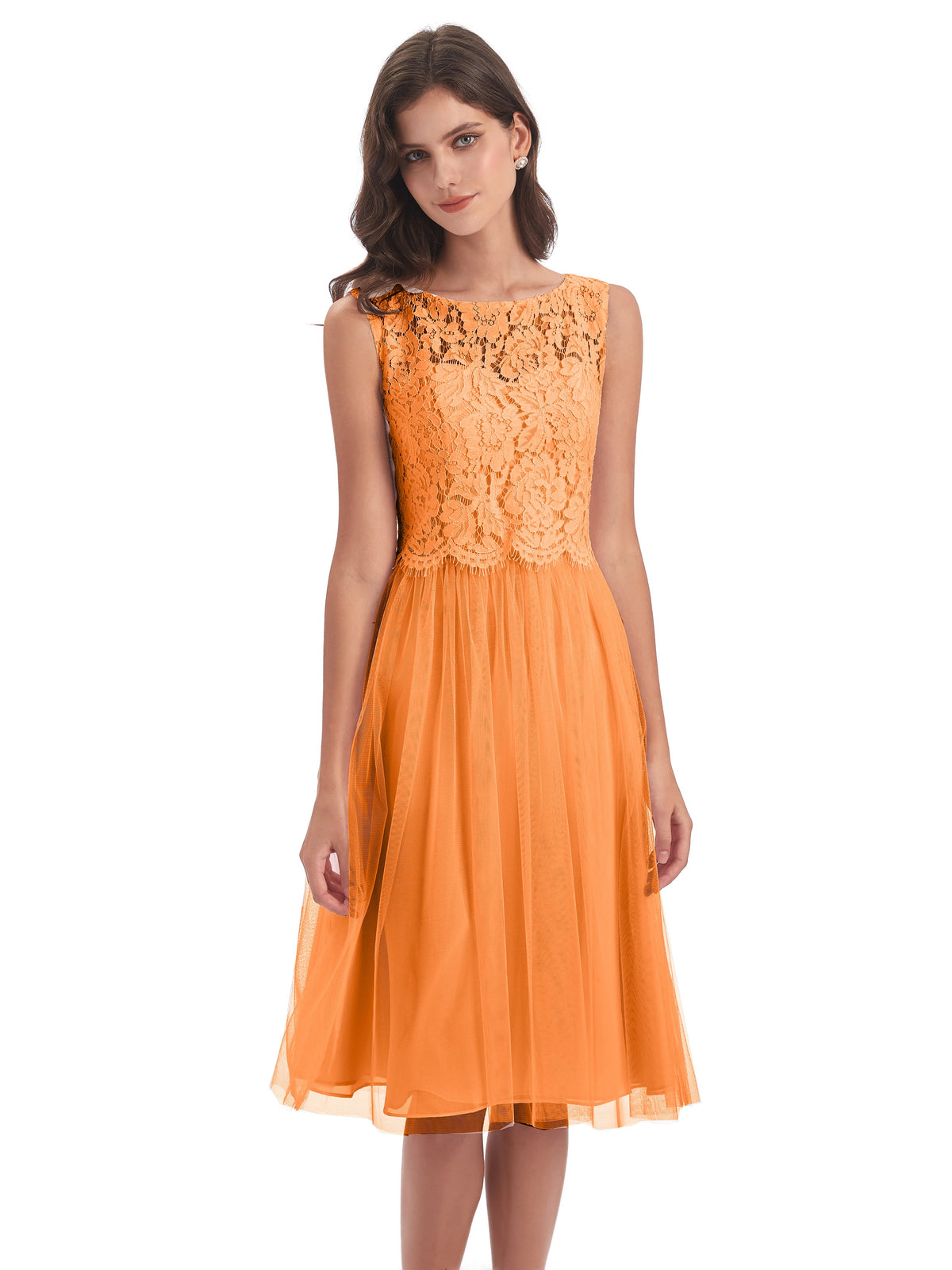 Robes De Demoiselle D'Honneur Orange Bateau Longueur Genou Tulle/Dentelle Robes Demoiselle D'Honneur