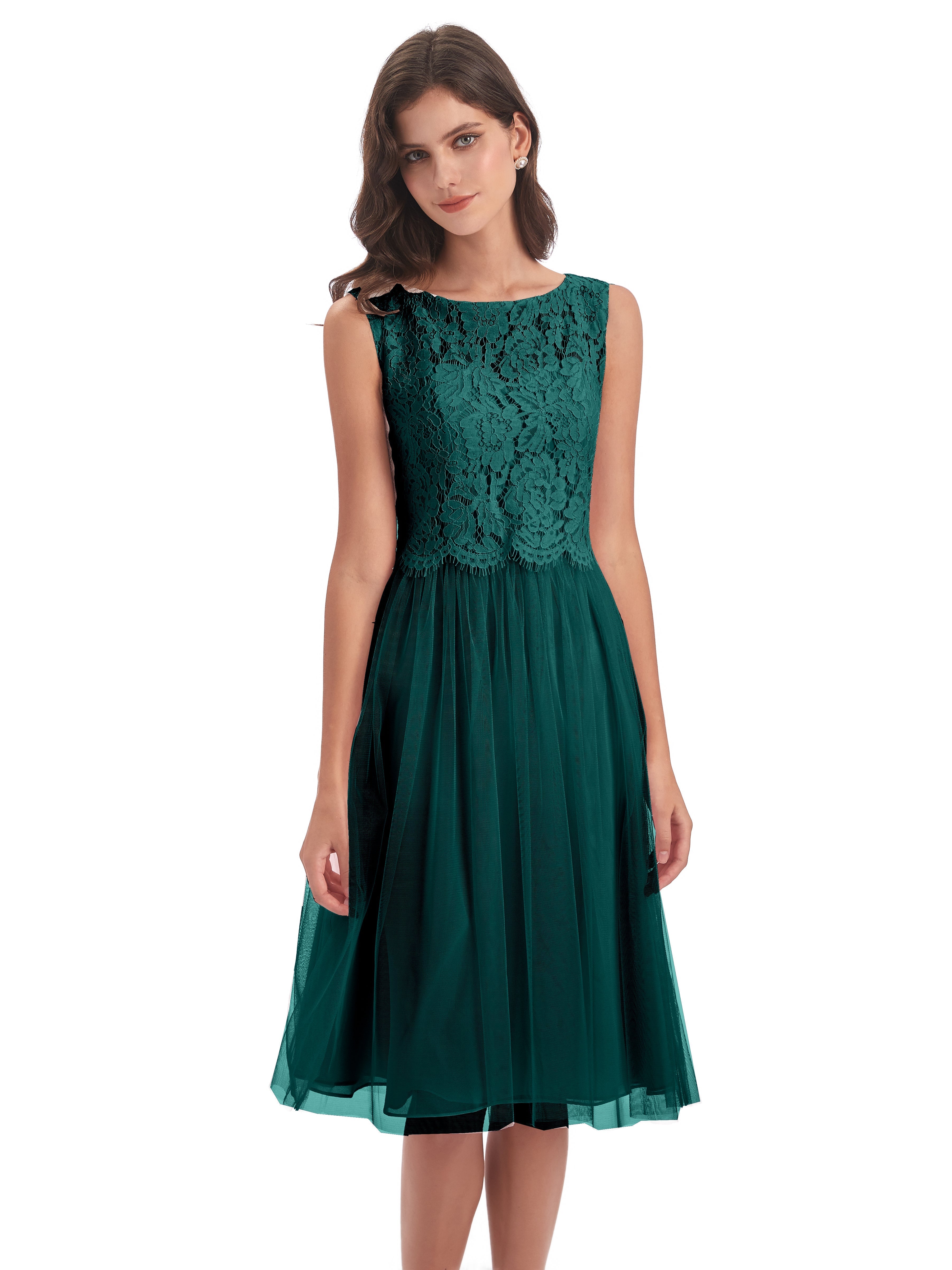 Robes De Demoiselle D'Honneur Bleu Paon Bateau Longueur Genou Tulle/Dentelle Robes Demoiselle D'Honneur