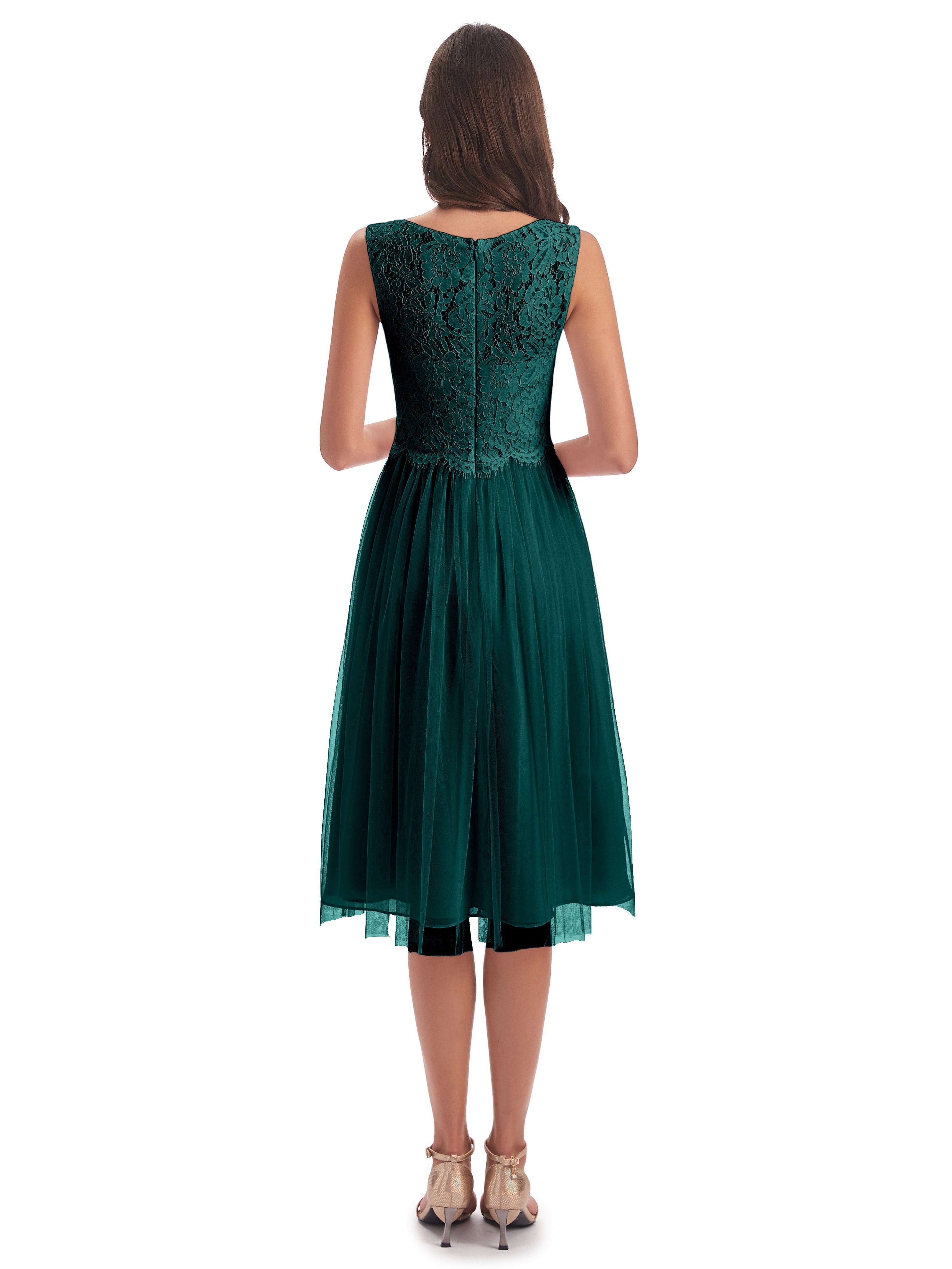 Robes De Demoiselle D'Honneur Bleu Paon Bateau Longueur Genou Tulle/Dentelle Robes Demoiselle D'Honneur