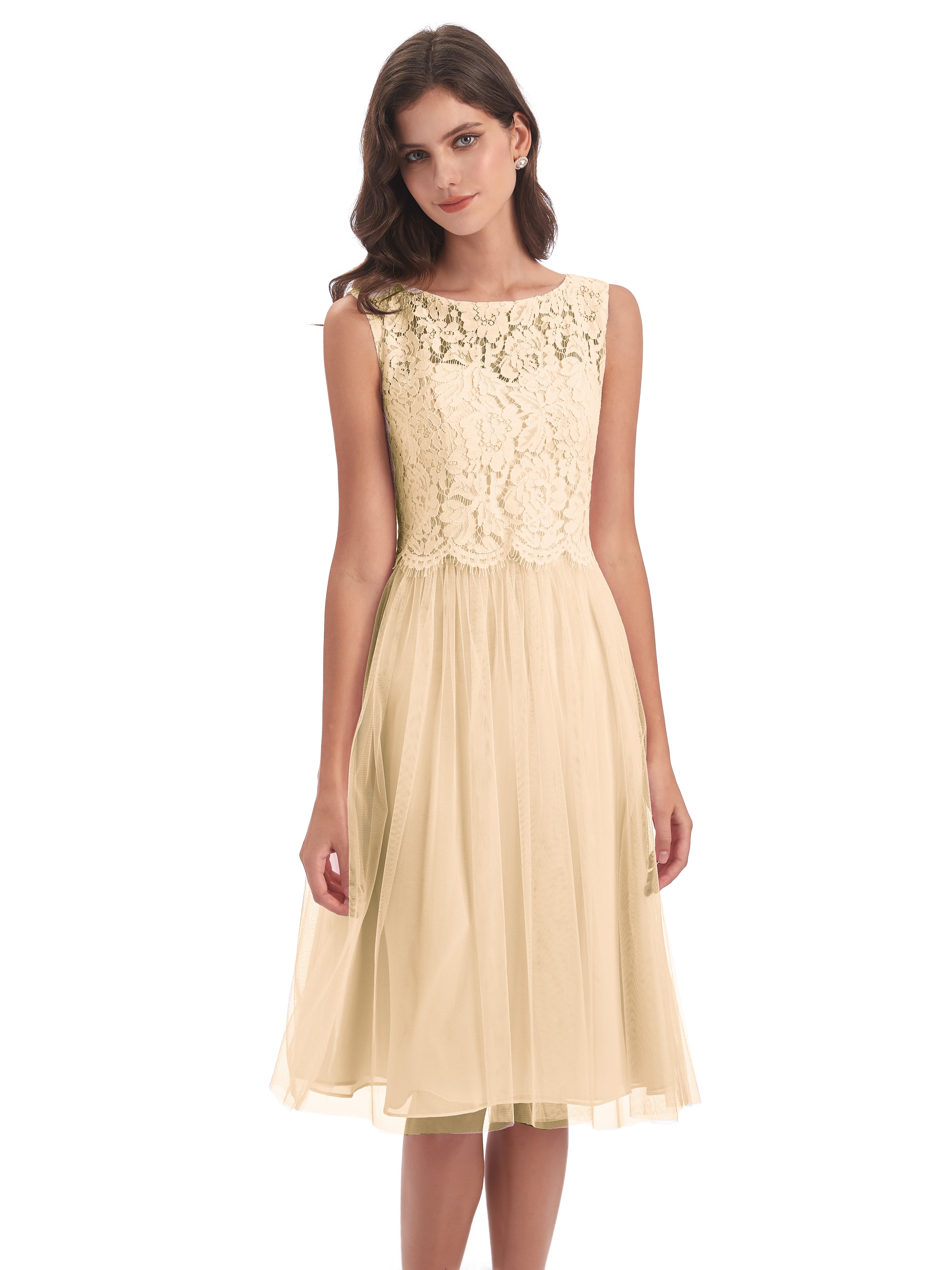 Robe Pêche Demoiselle D Honneur Bateau Longueur Genou Tulle/Dentelle Robes Demoiselle D'Honneur