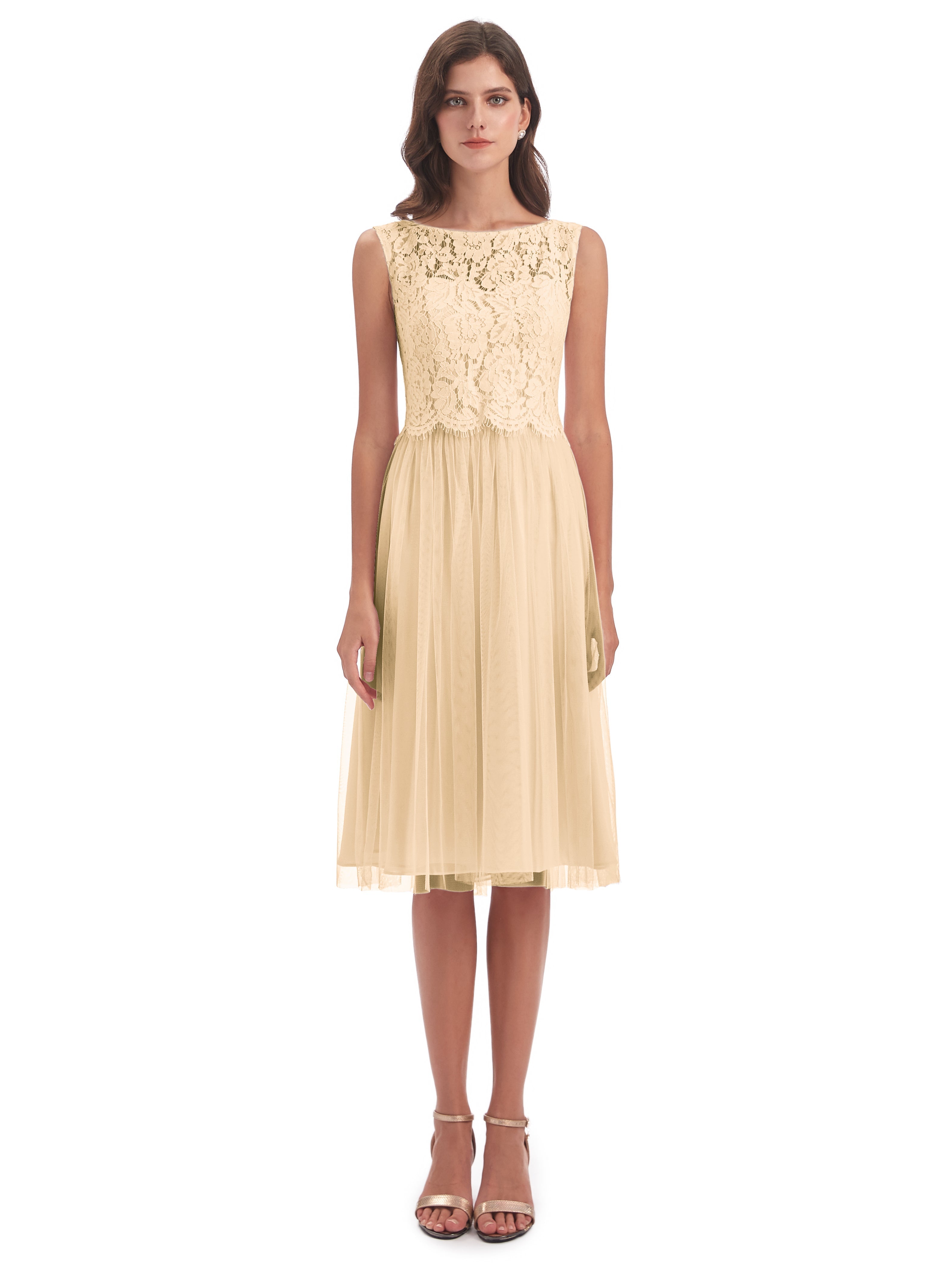 Robe Pêche Demoiselle D Honneur Bateau Longueur Genou Tulle/Dentelle Robes Demoiselle D'Honneur